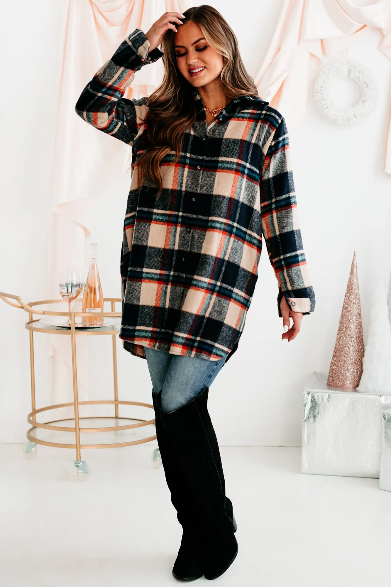 Emotional Overload Lightweight Plaid Shacket (Navy/Taupe)