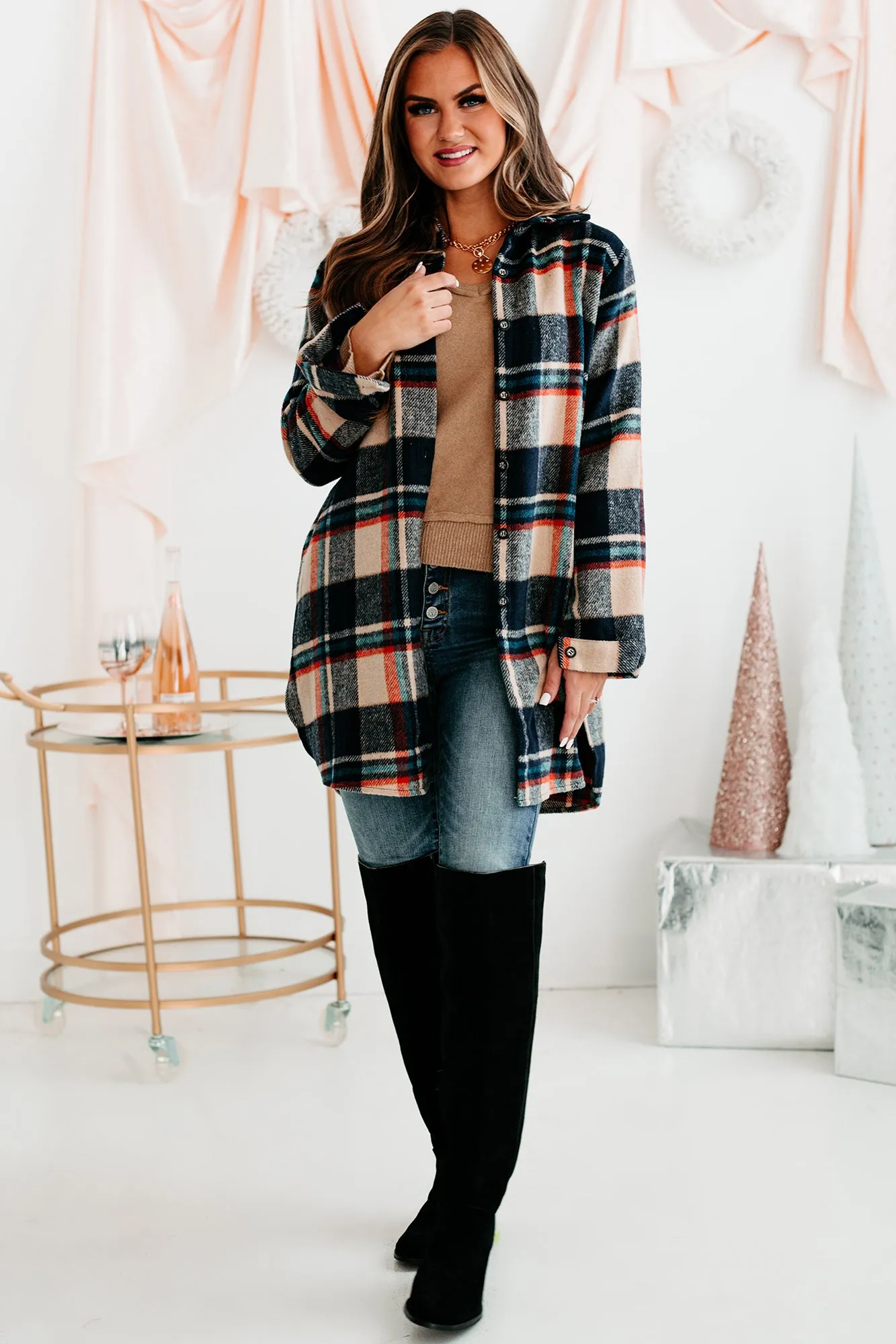 Emotional Overload Lightweight Plaid Shacket (Navy/Taupe)