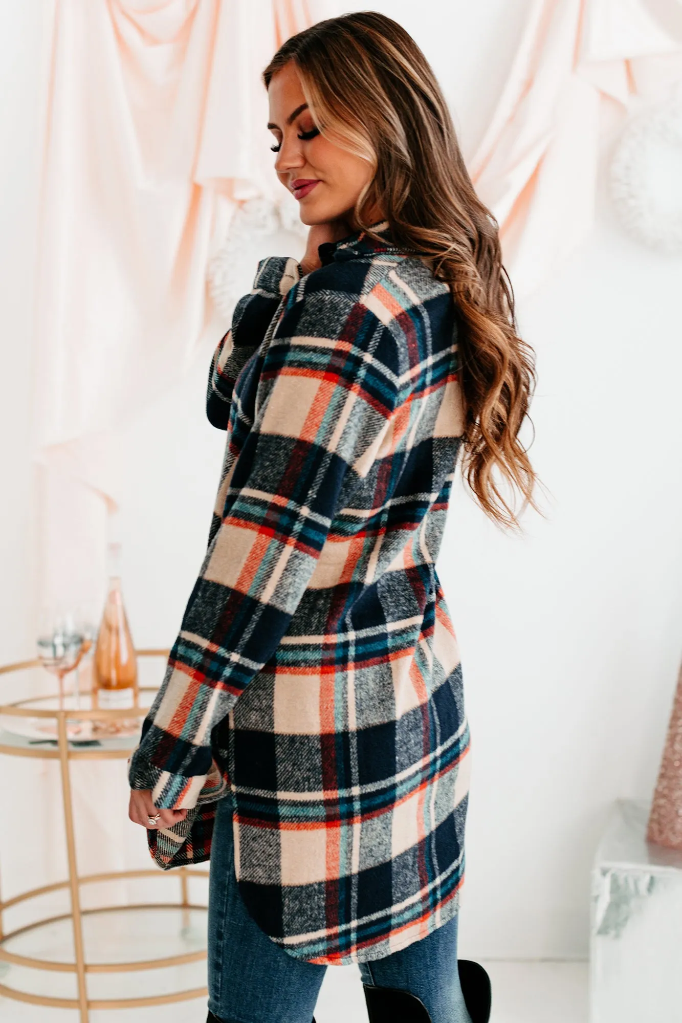 Emotional Overload Lightweight Plaid Shacket (Navy/Taupe)