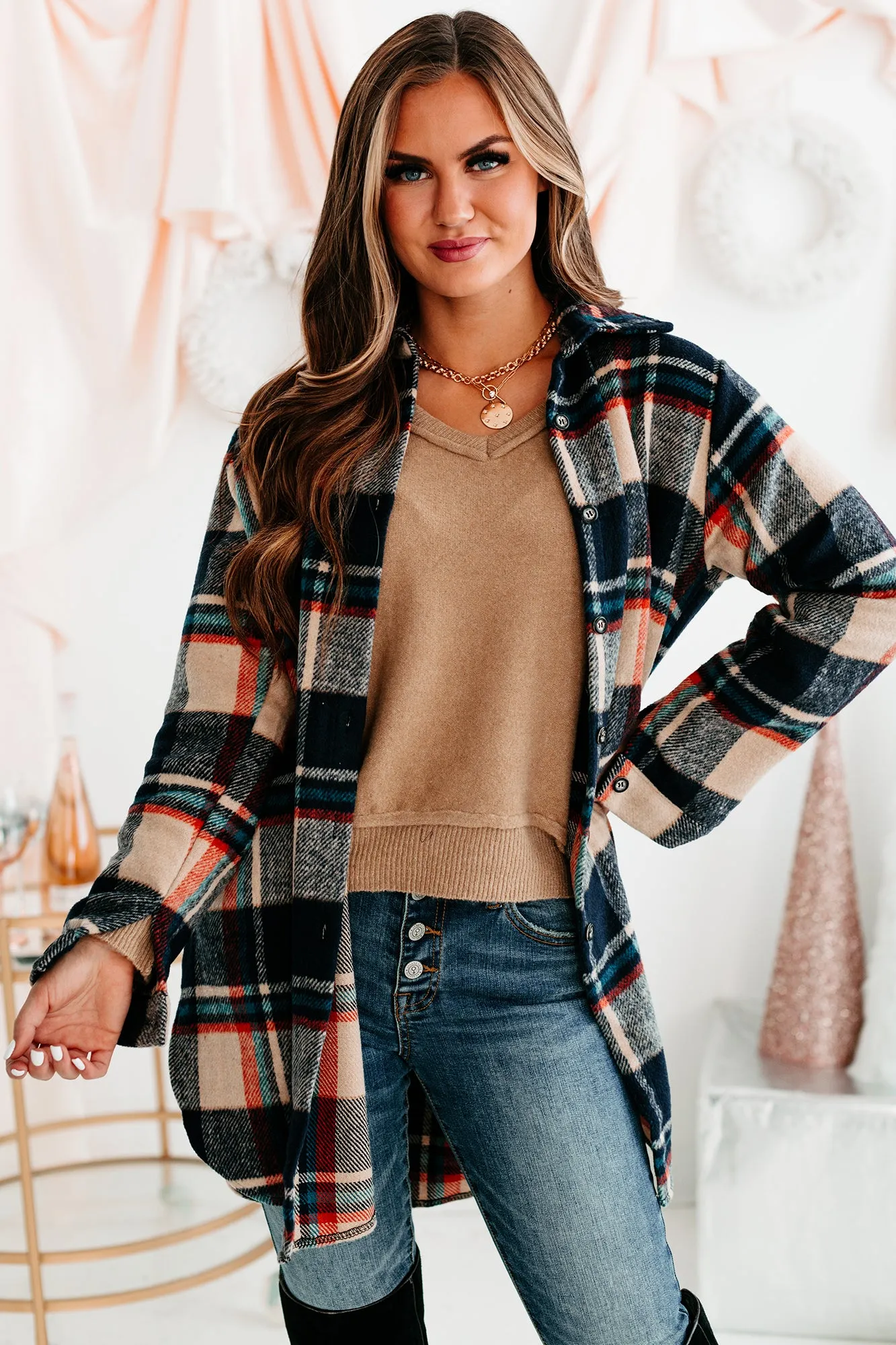 Emotional Overload Lightweight Plaid Shacket (Navy/Taupe)