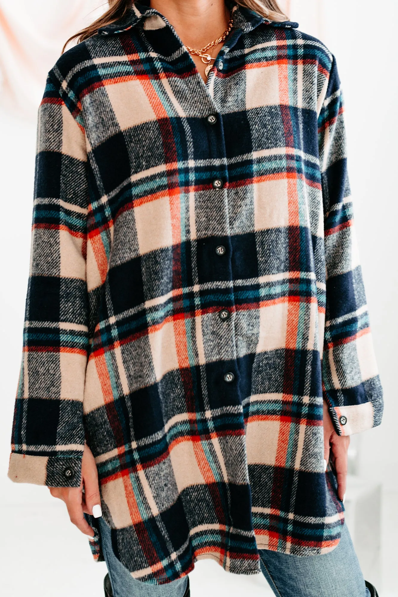 Emotional Overload Lightweight Plaid Shacket (Navy/Taupe)