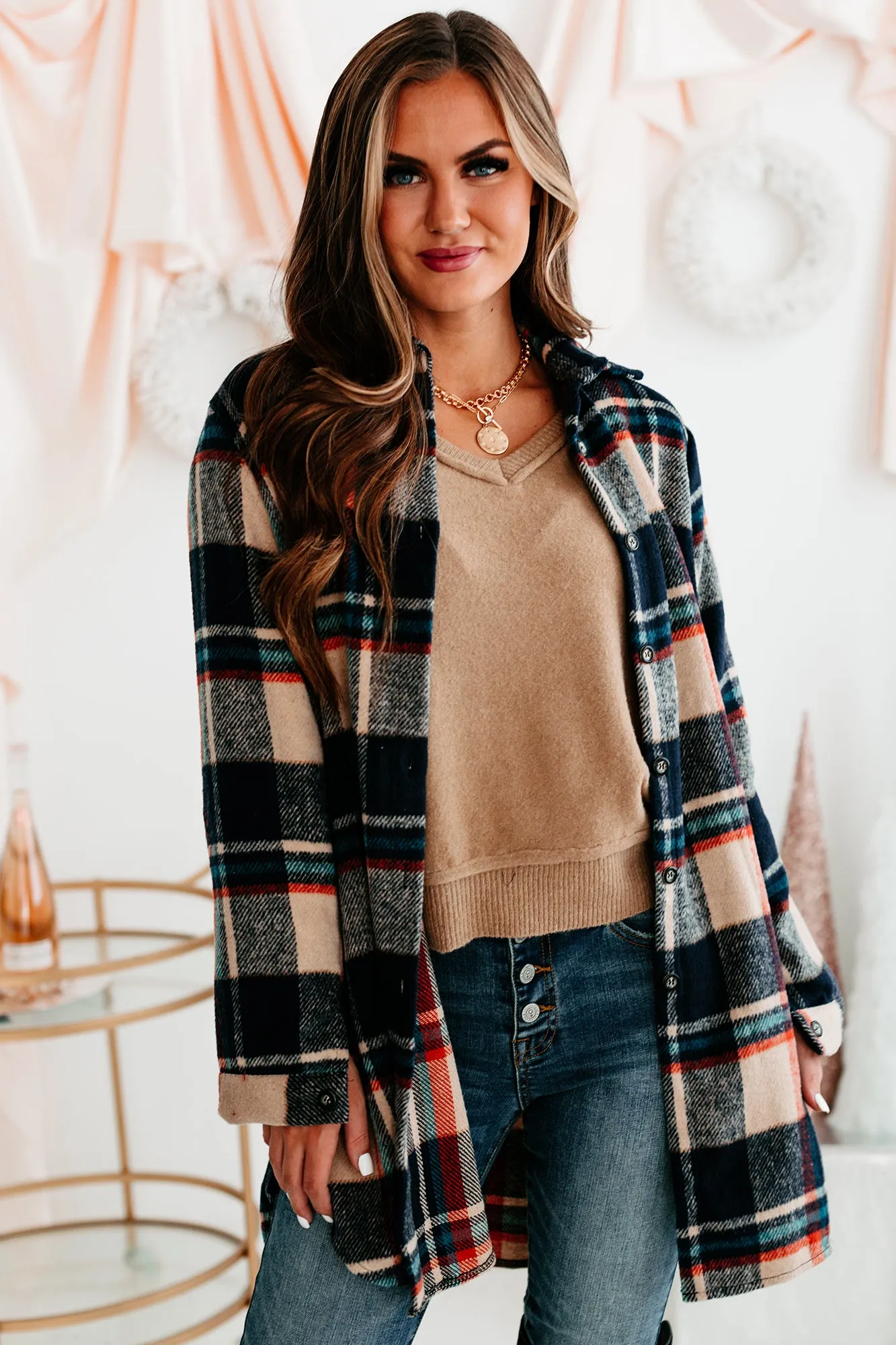 Emotional Overload Lightweight Plaid Shacket (Navy/Taupe)