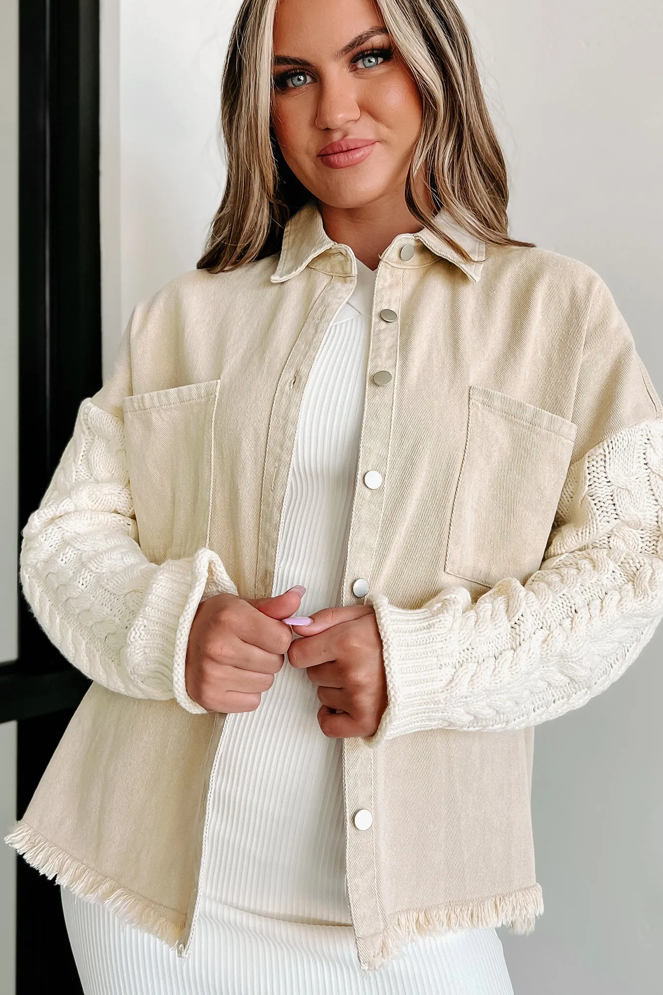 Epic Days Contrast Sleeve Shacket (Khaki)