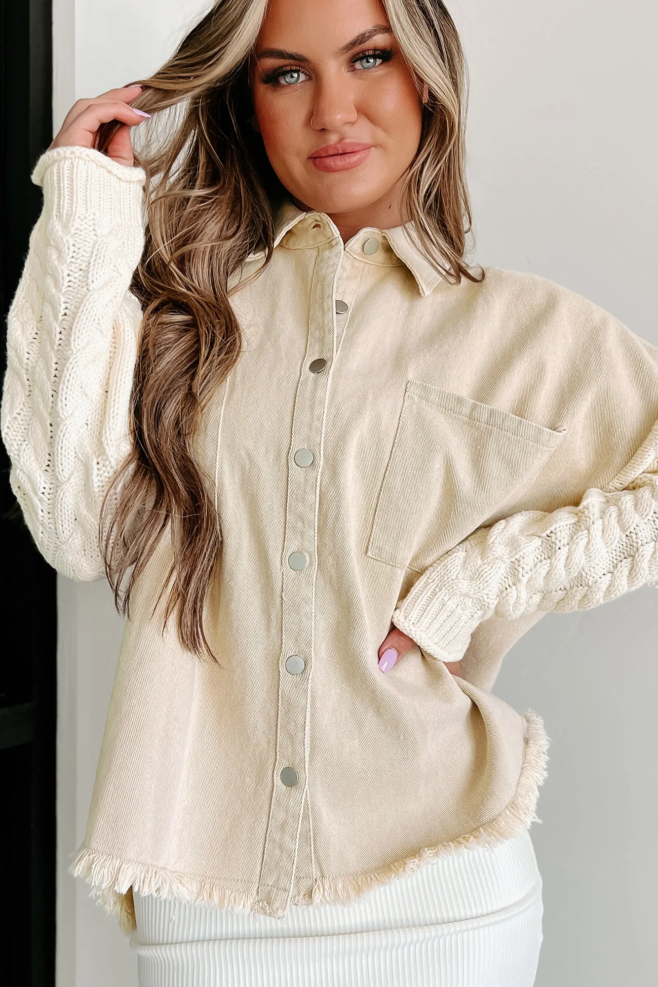 Epic Days Contrast Sleeve Shacket (Khaki)