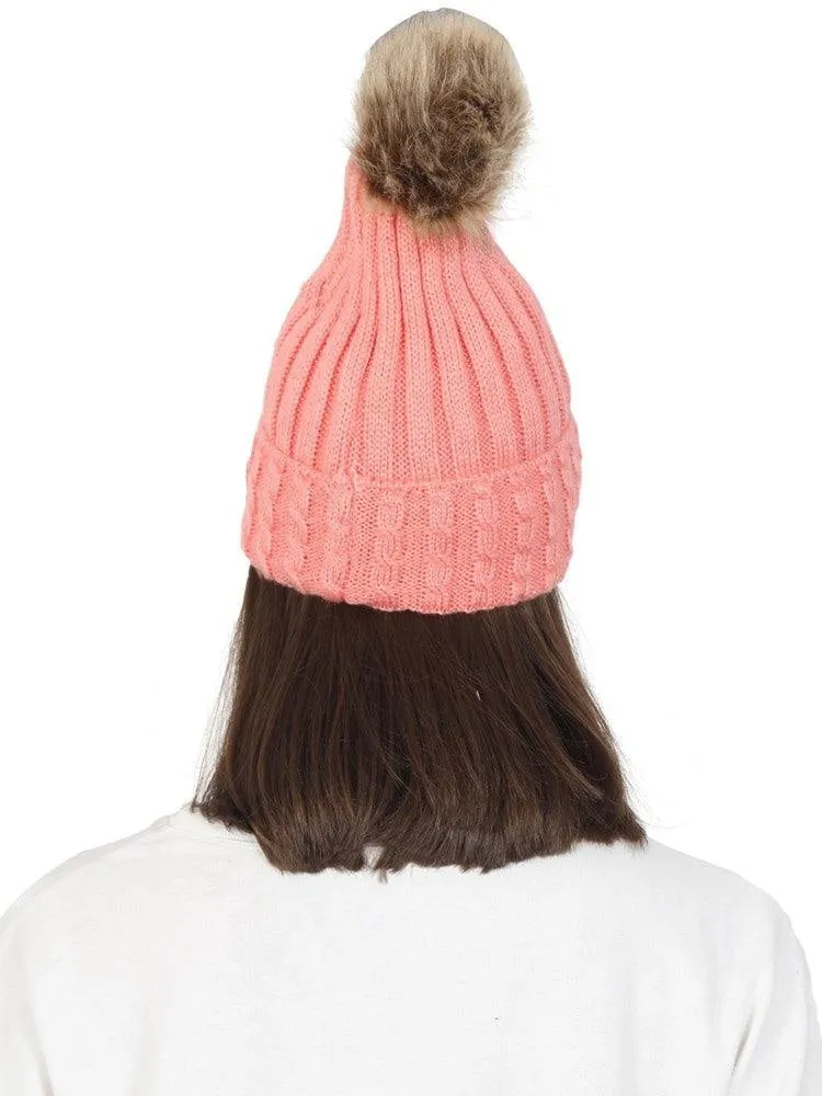 FabSeasons Acrylic Pink Woolen Winter skull cap with Pom Pom for Girls & Women