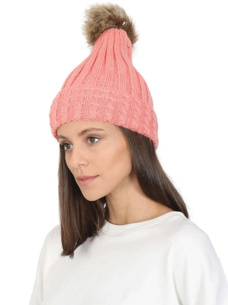 FabSeasons Acrylic Pink Woolen Winter skull cap with Pom Pom for Girls & Women