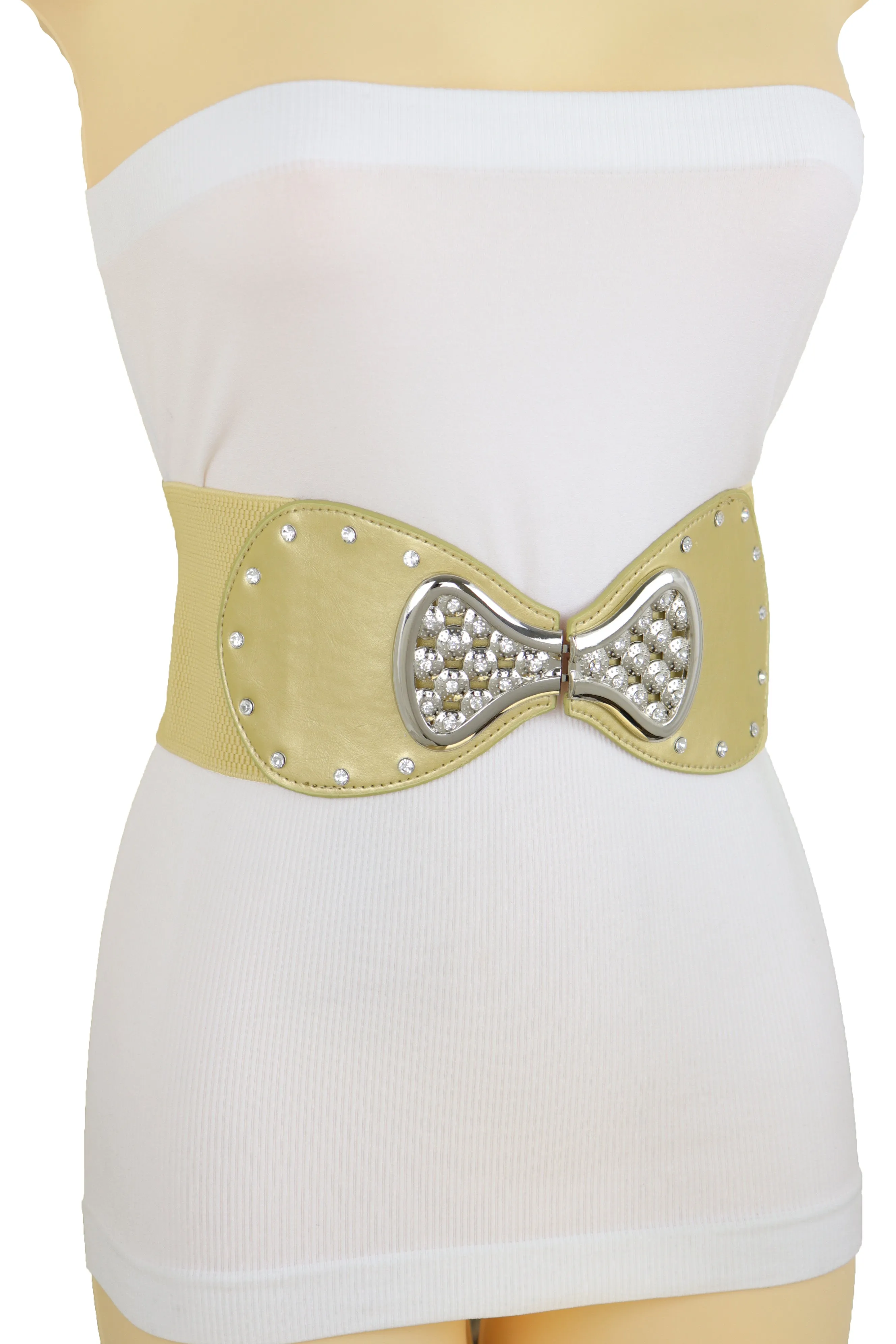 Fashion Belt Hip High Waist Gold Wide Elastic Silver Bow Tie Buckle S M