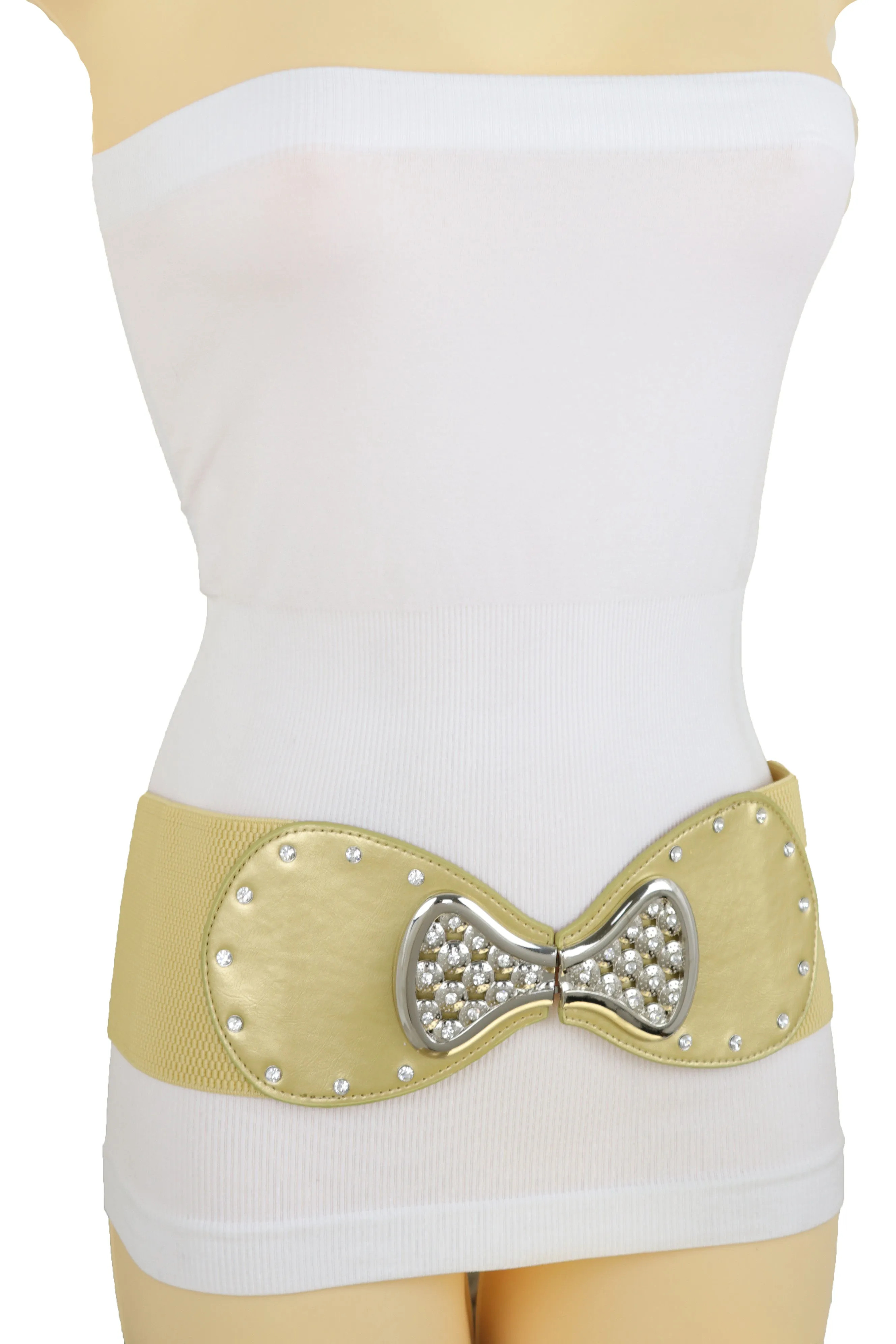 Fashion Belt Hip High Waist Gold Wide Elastic Silver Bow Tie Buckle S M
