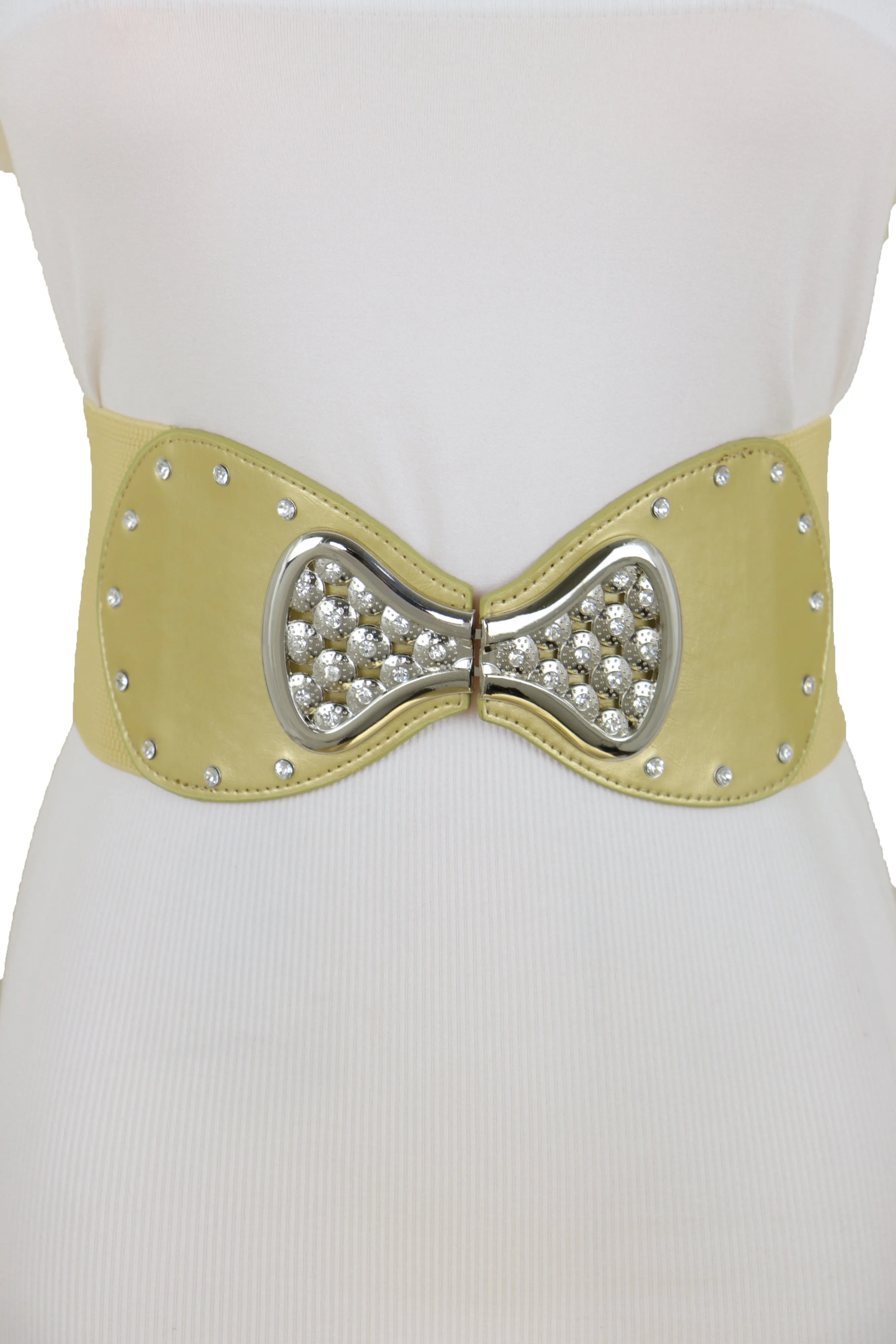 Fashion Belt Hip High Waist Gold Wide Elastic Silver Bow Tie Buckle S M