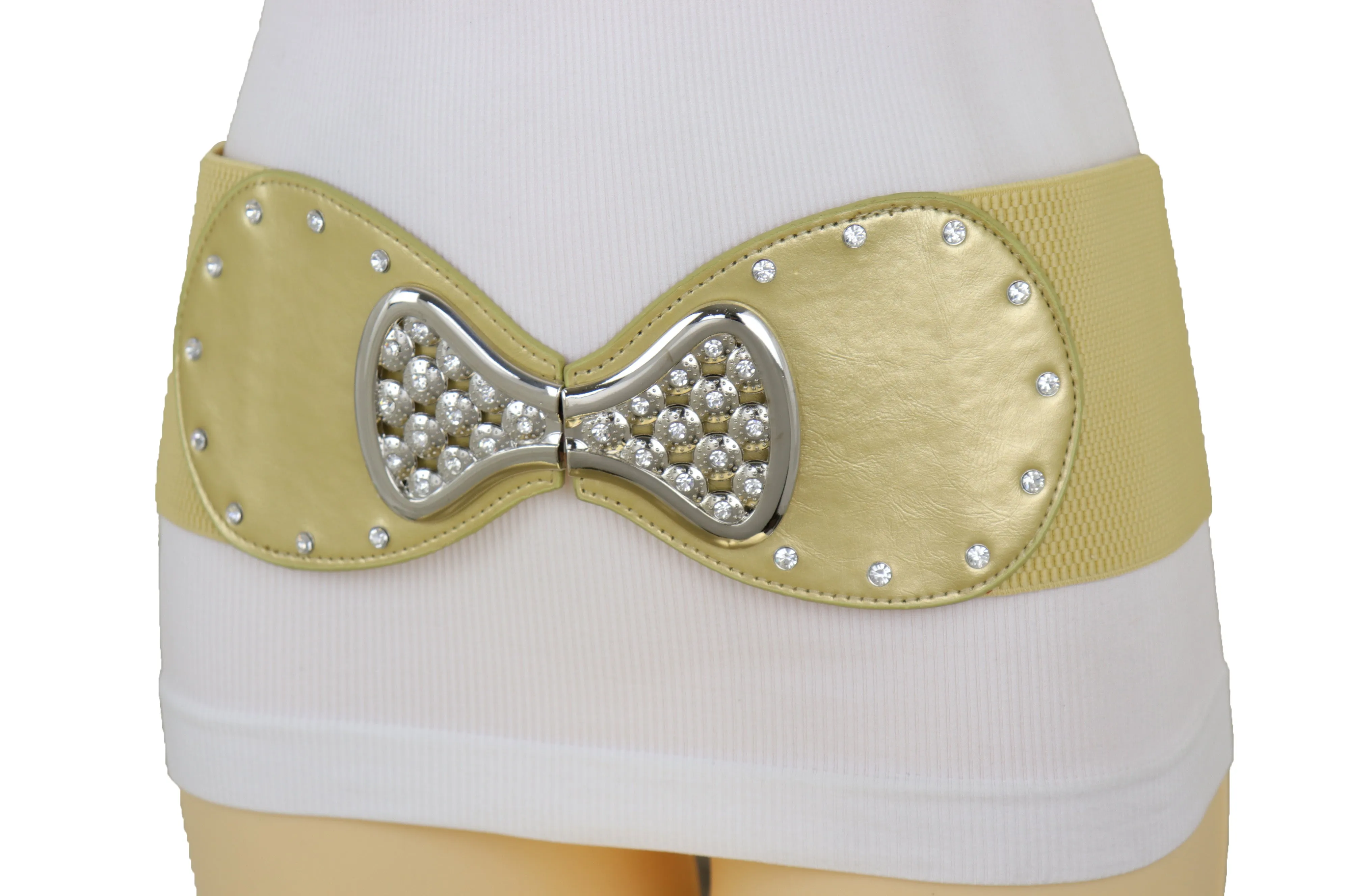 Fashion Belt Hip High Waist Gold Wide Elastic Silver Bow Tie Buckle S M