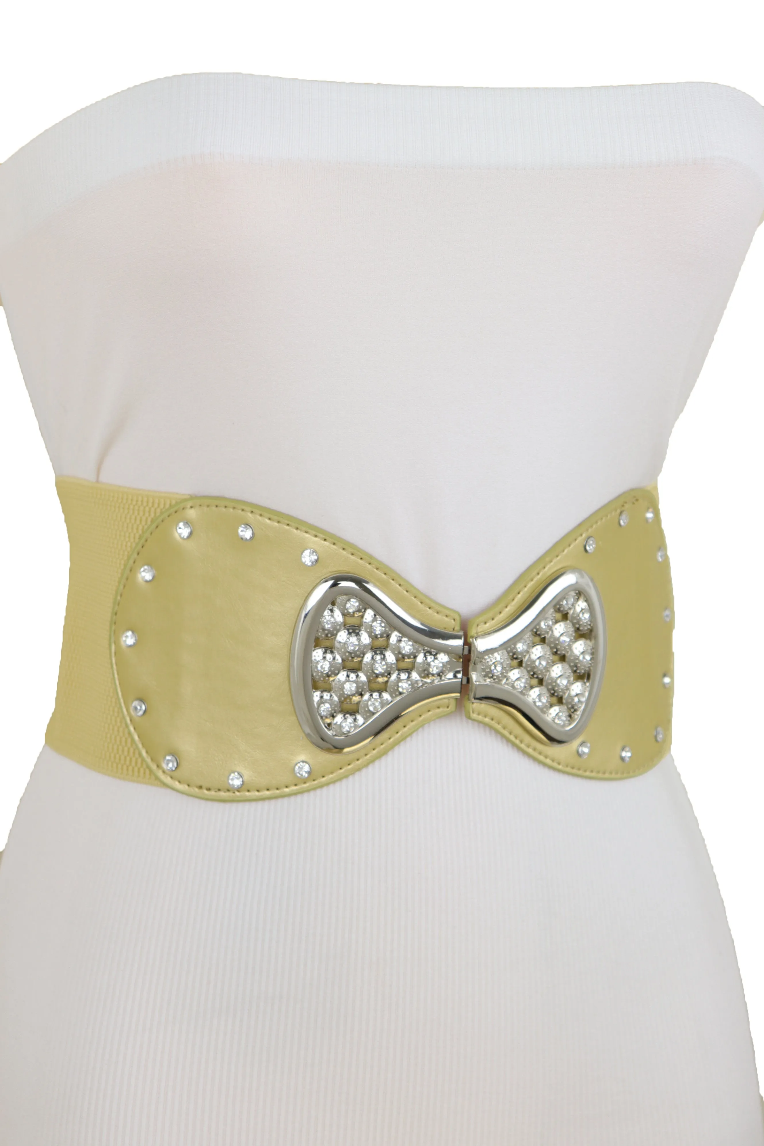 Fashion Belt Hip High Waist Gold Wide Elastic Silver Bow Tie Buckle S M