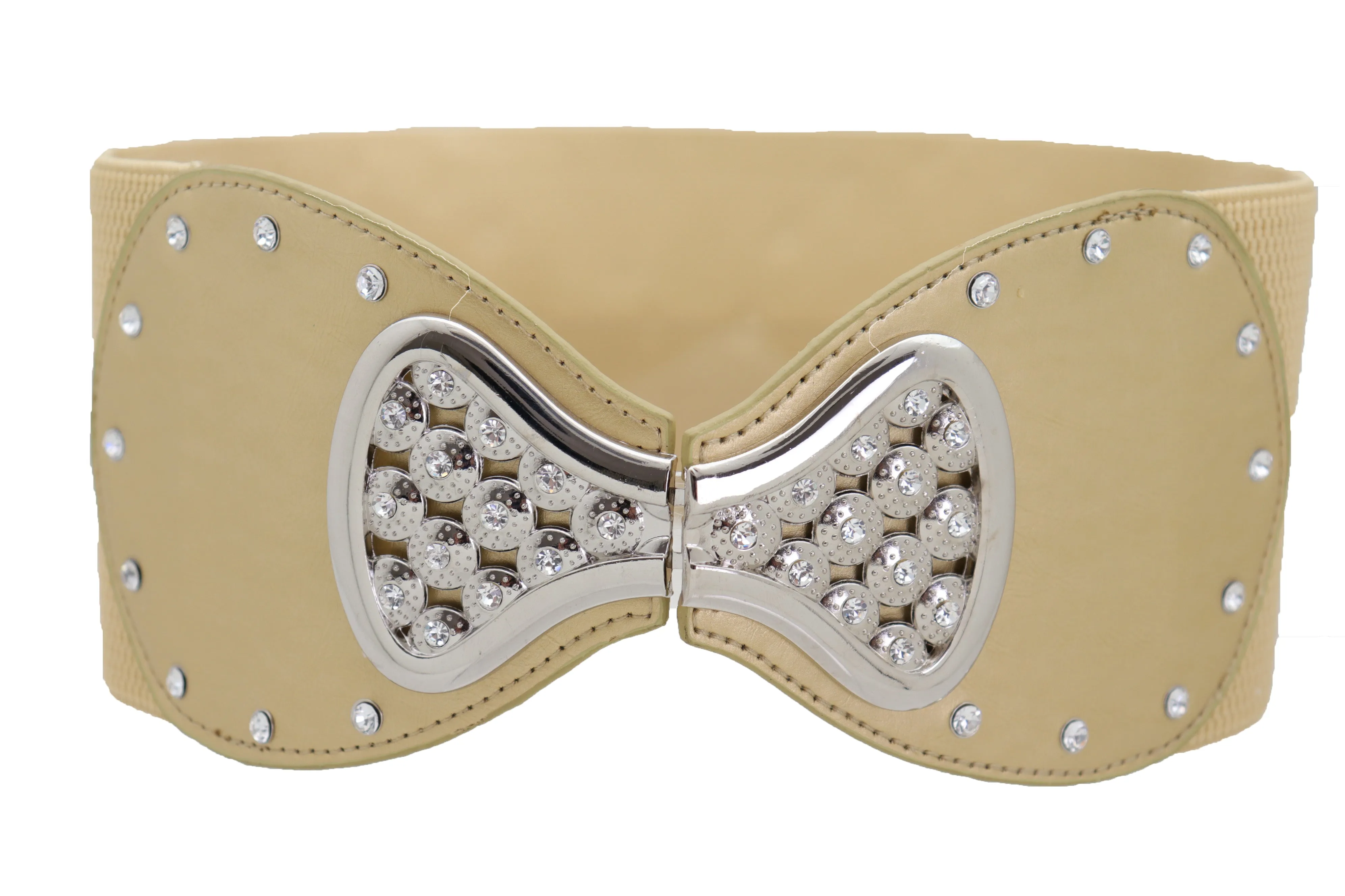 Fashion Belt Hip High Waist Gold Wide Elastic Silver Bow Tie Buckle S M