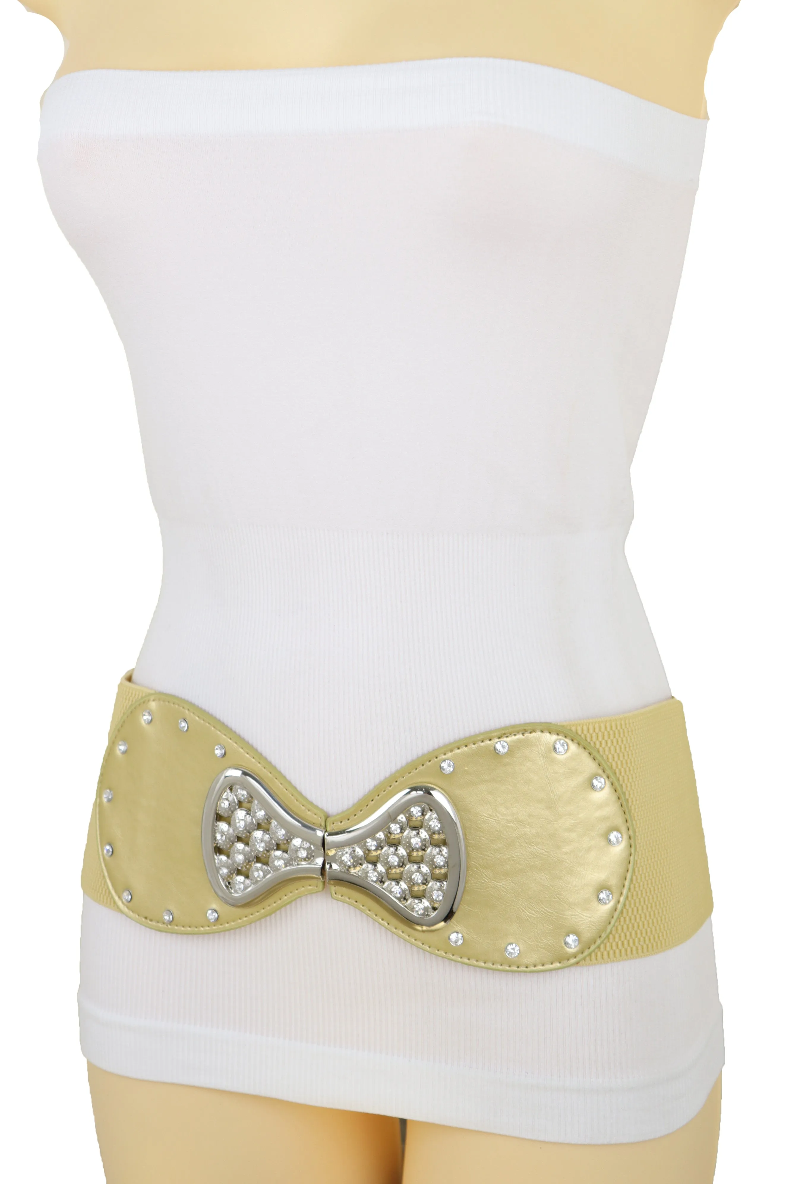 Fashion Belt Hip High Waist Gold Wide Elastic Silver Bow Tie Buckle S M