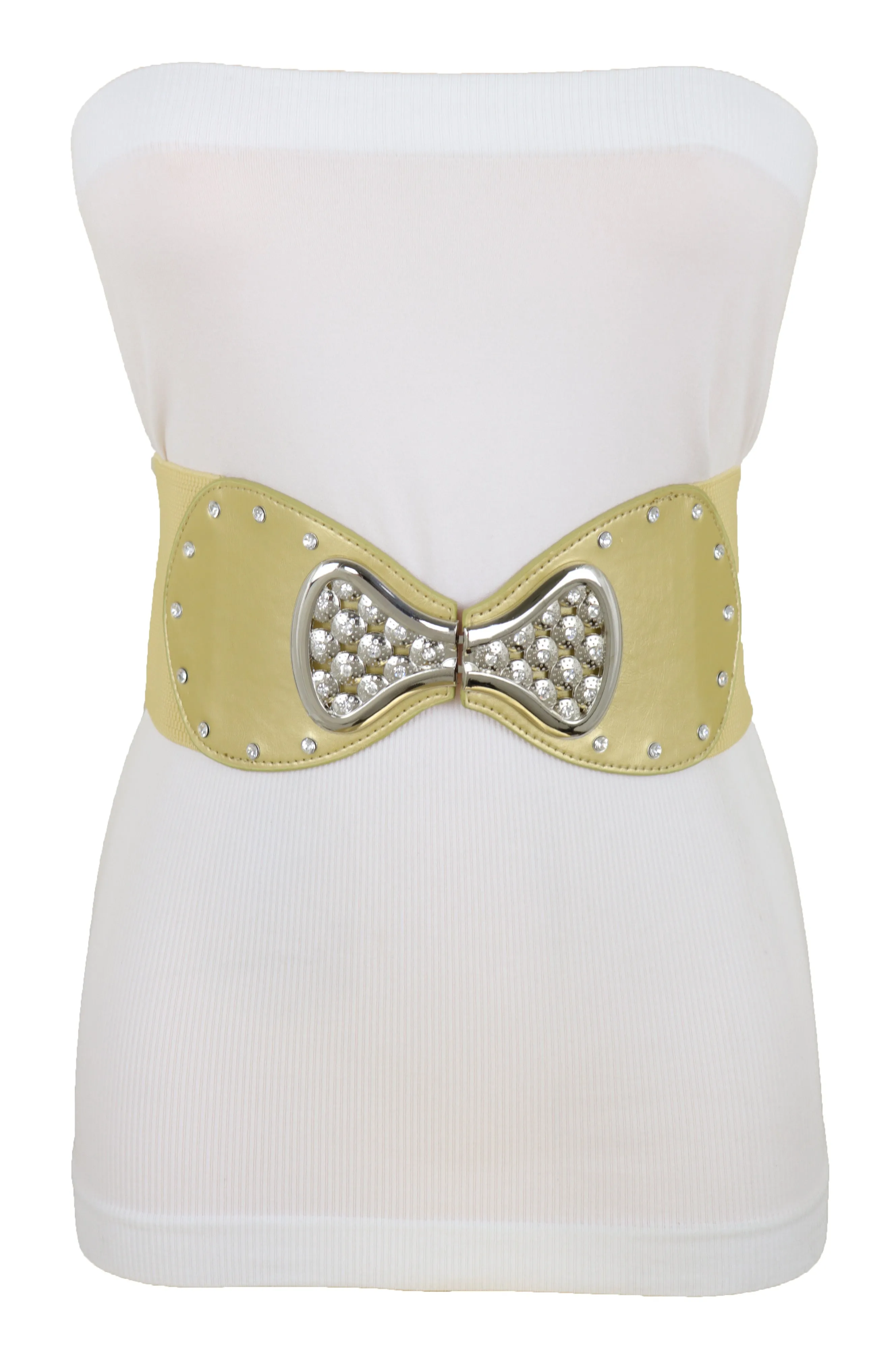 Fashion Belt Hip High Waist Gold Wide Elastic Silver Bow Tie Buckle S M