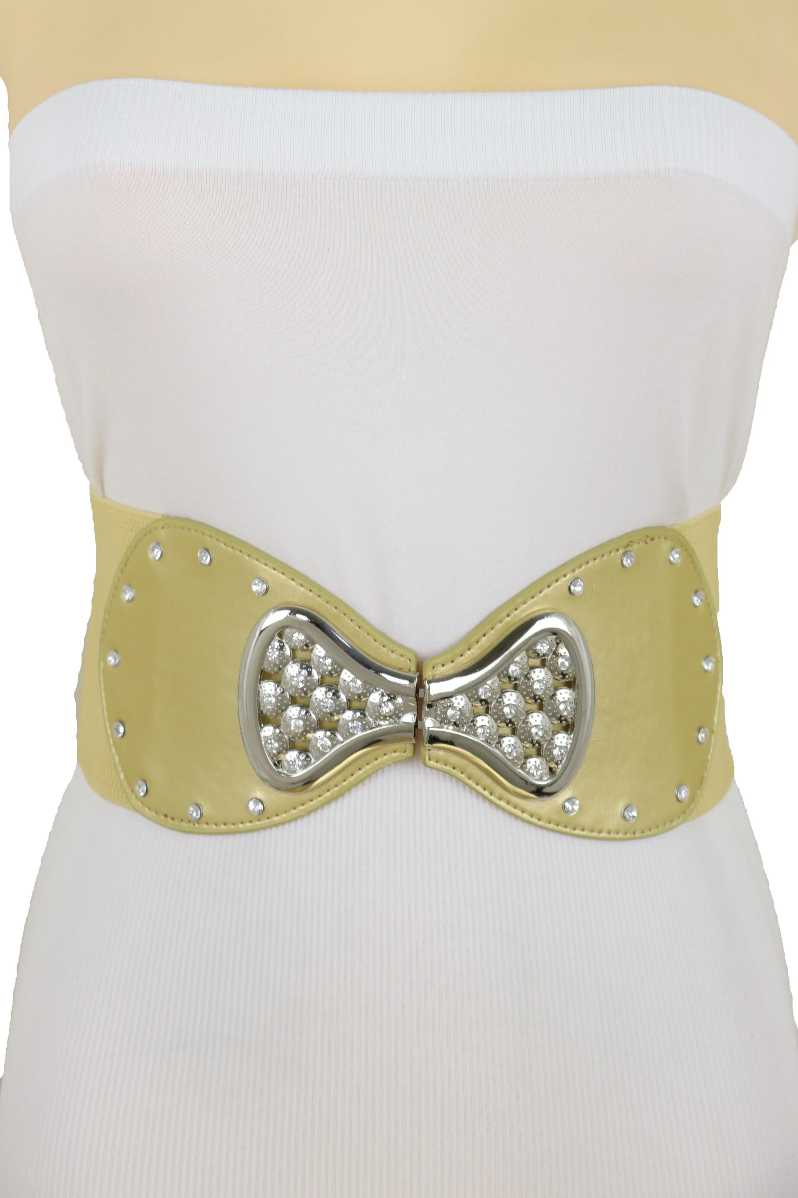 Fashion Belt Hip High Waist Gold Wide Elastic Silver Bow Tie Buckle S M