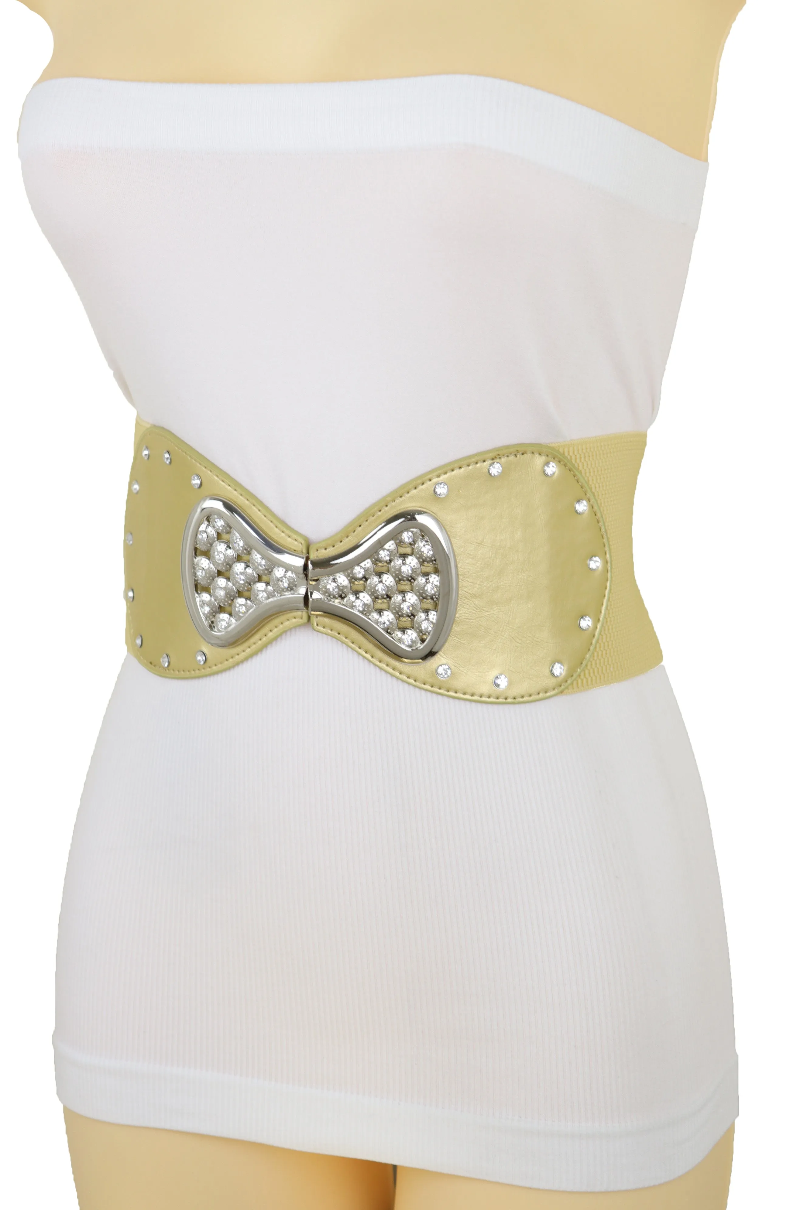 Fashion Belt Hip High Waist Gold Wide Elastic Silver Bow Tie Buckle S M
