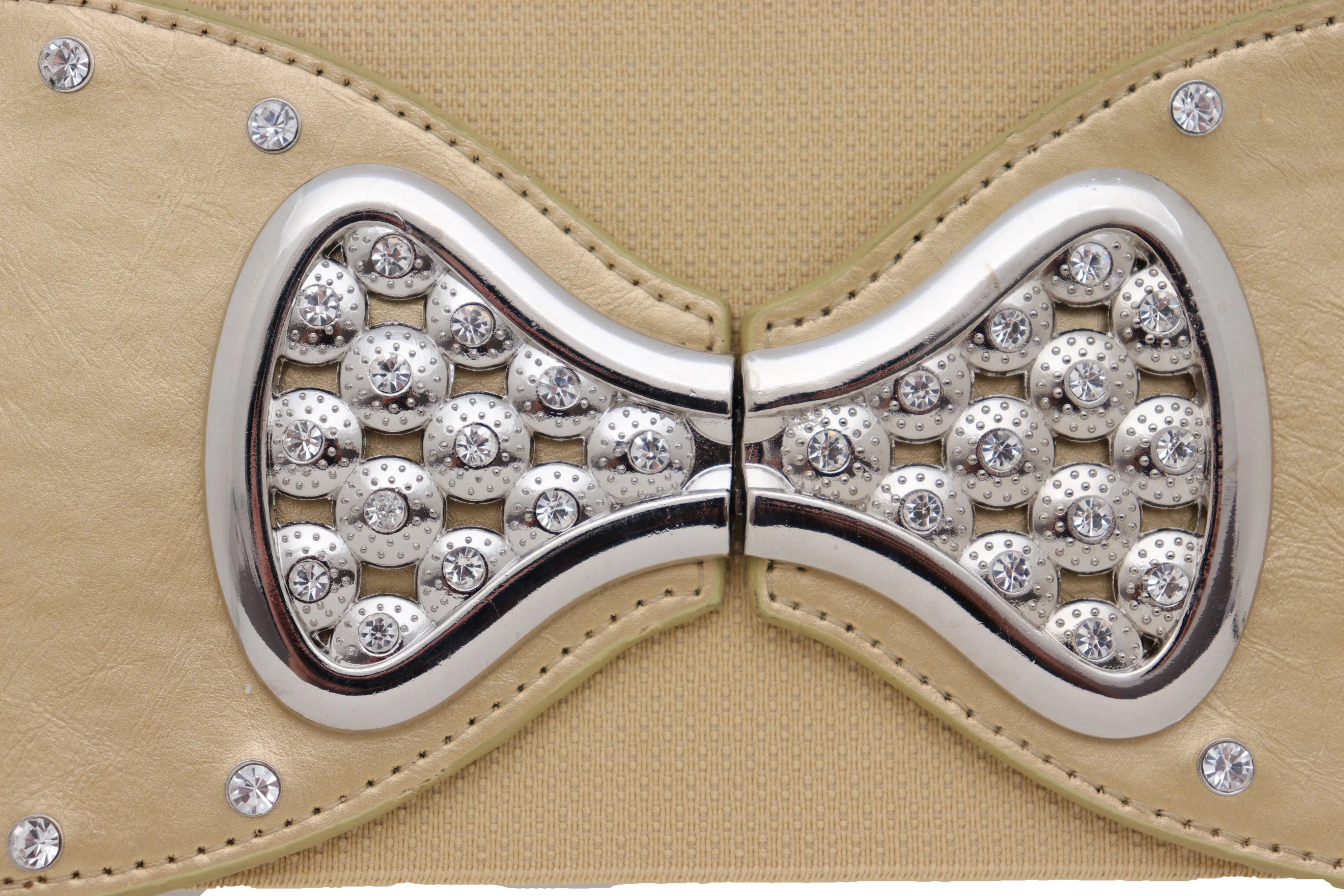 Fashion Belt Hip High Waist Gold Wide Elastic Silver Bow Tie Buckle S M