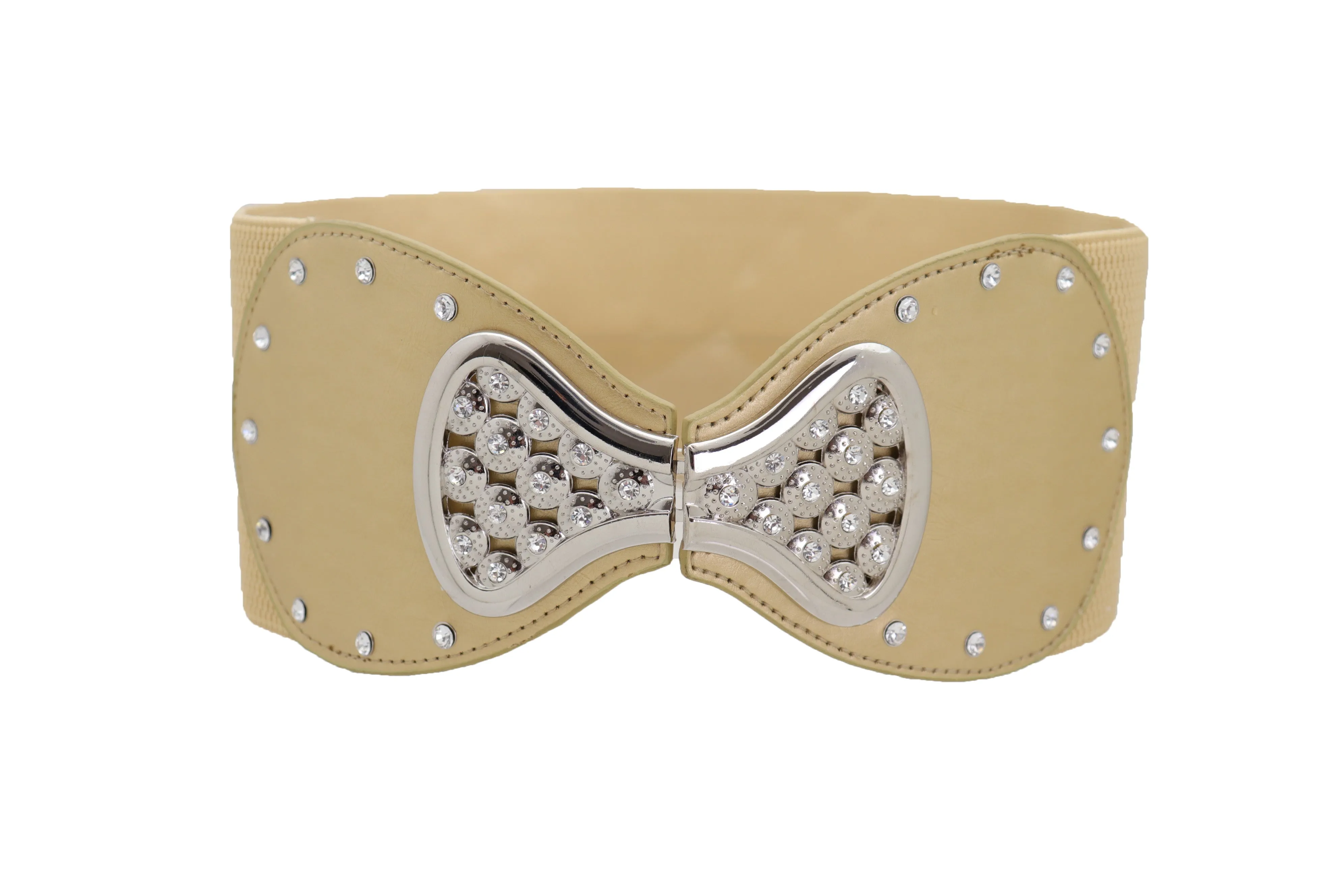 Fashion Belt Hip High Waist Gold Wide Elastic Silver Bow Tie Buckle S M