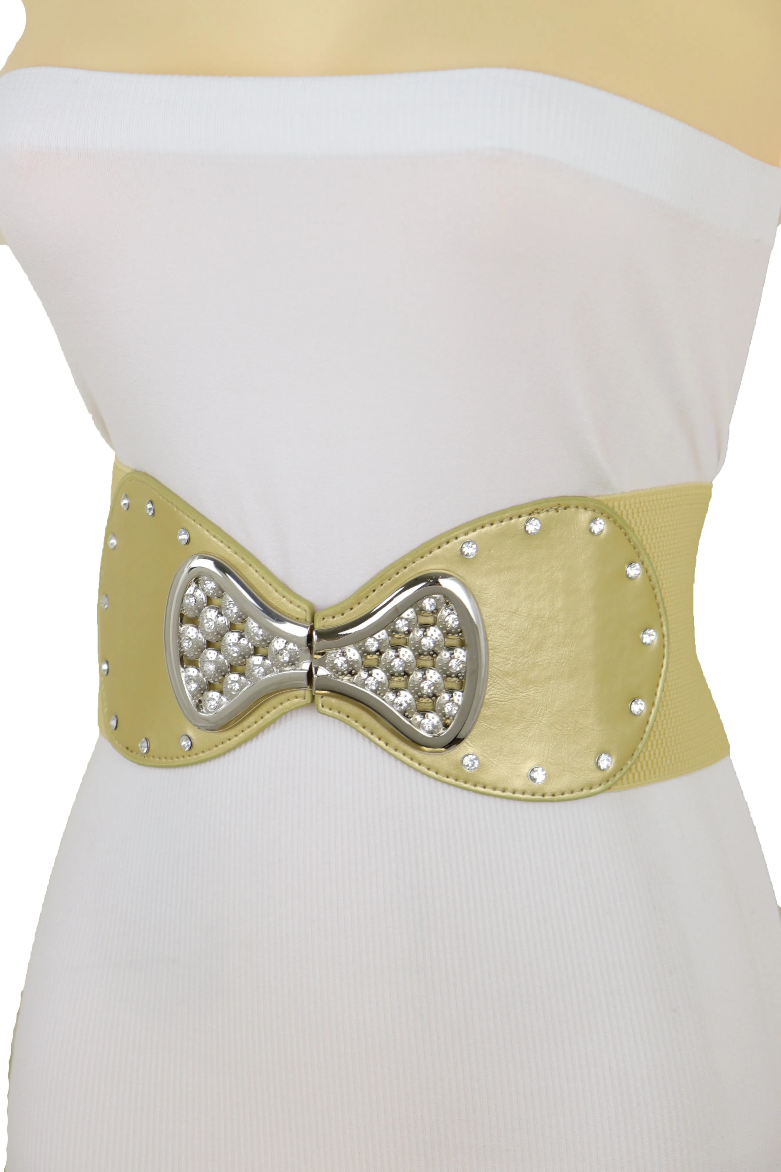 Fashion Belt Hip High Waist Gold Wide Elastic Silver Bow Tie Buckle S M