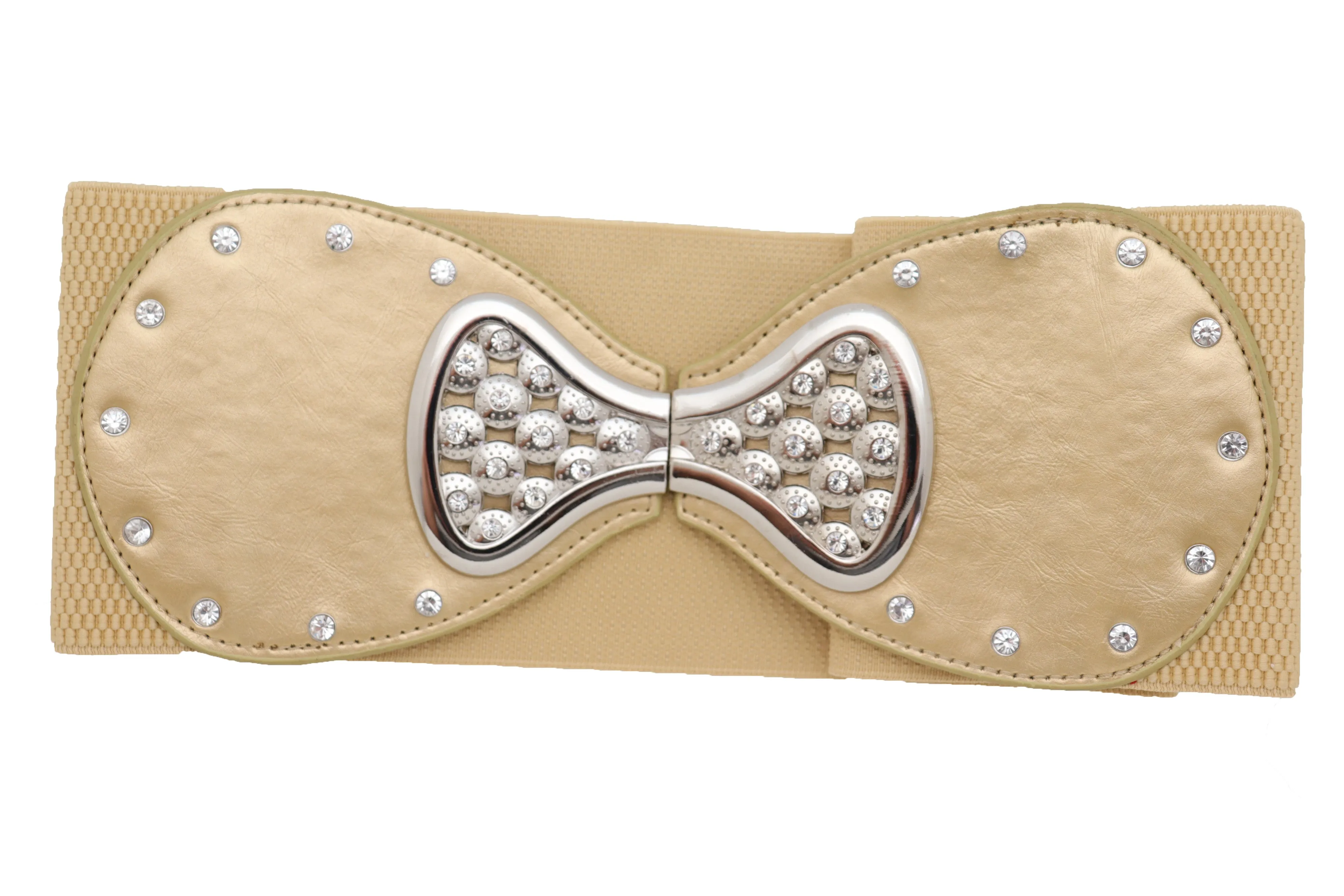 Fashion Belt Hip High Waist Gold Wide Elastic Silver Bow Tie Buckle S M
