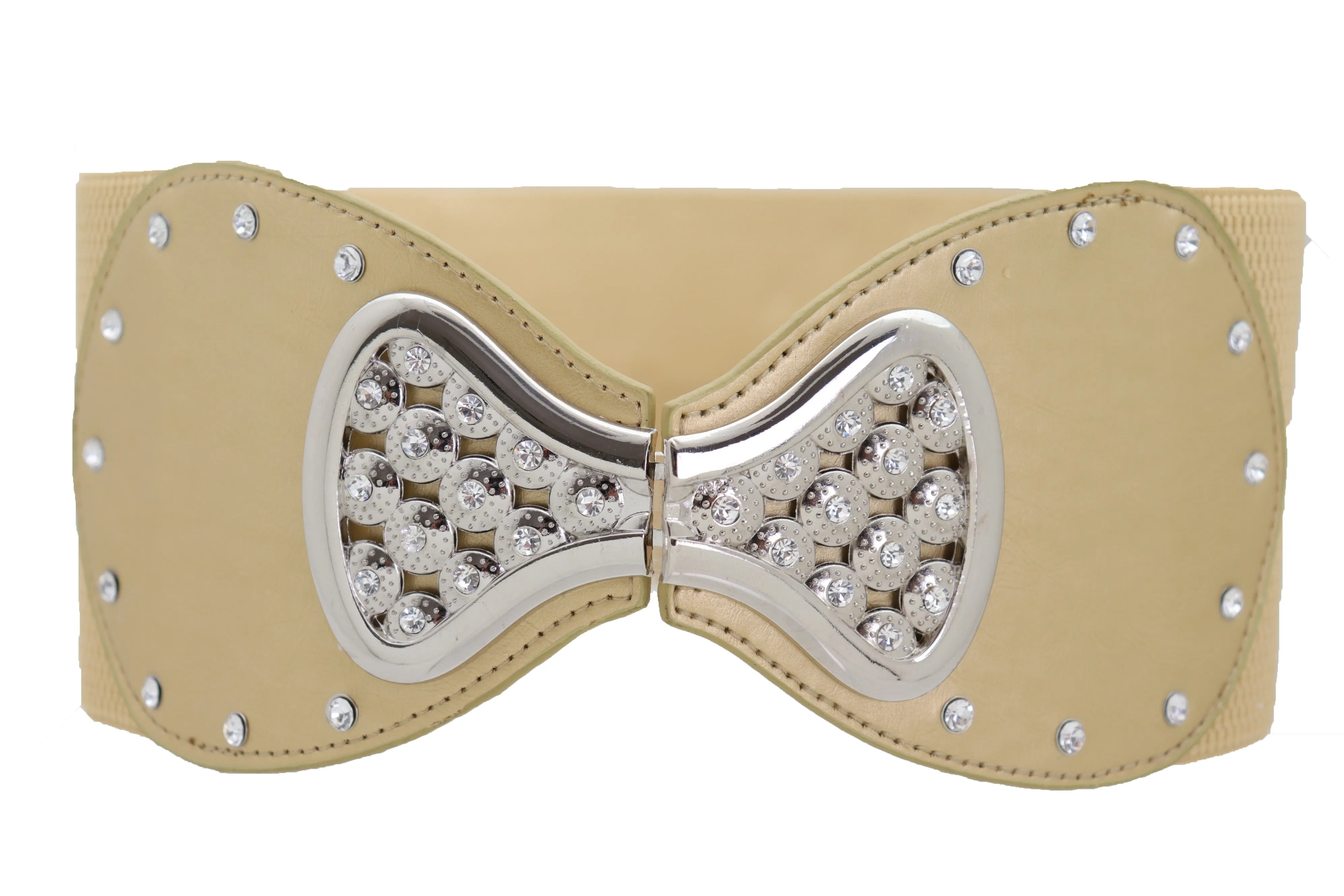 Fashion Belt Hip High Waist Gold Wide Elastic Silver Bow Tie Buckle S M
