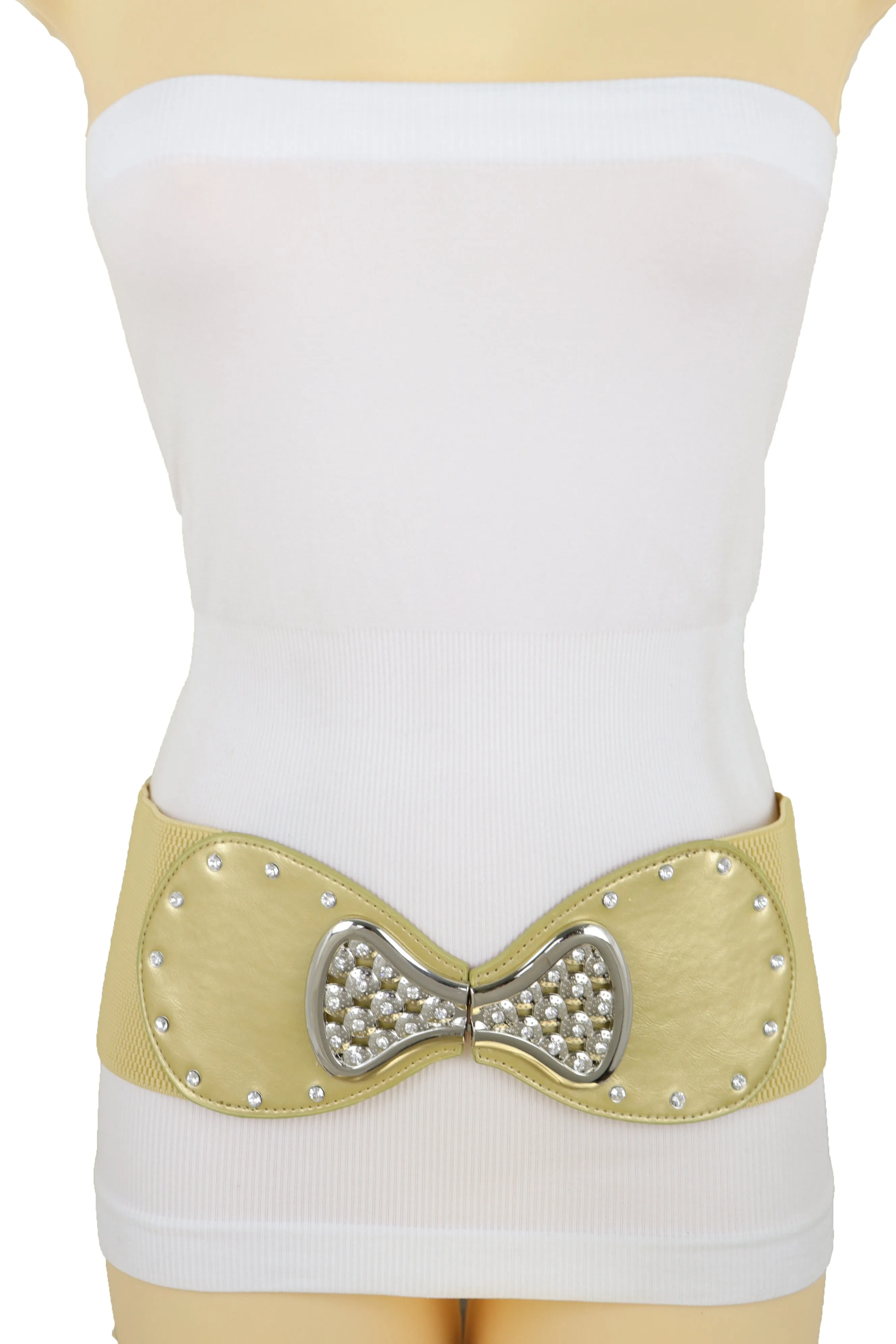 Fashion Belt Hip High Waist Gold Wide Elastic Silver Bow Tie Buckle S M