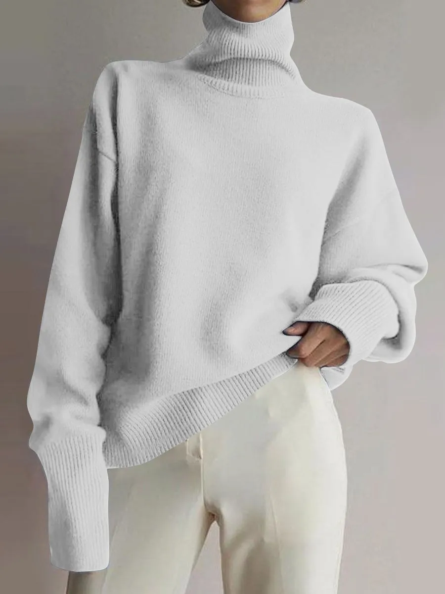 Fashion High Collar Casual Long Sleeve Solid Color Sweater