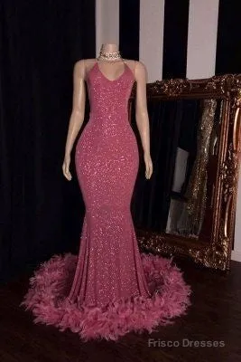 Fashionable Spaghetti Straps V-Neck Sequined Mermaid Prom Dresses