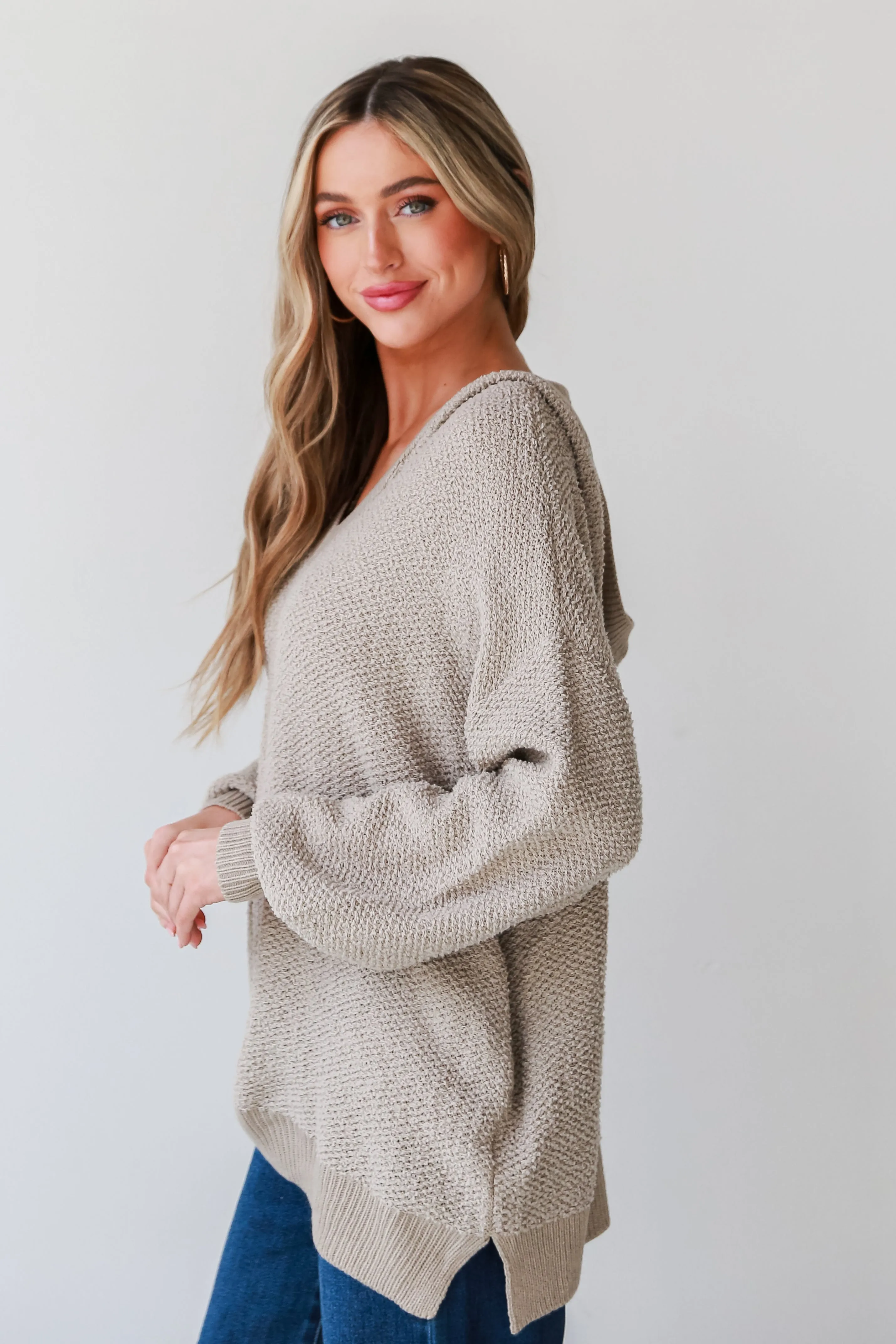 FINAL SALE - Inviting Comfort Taupe Hooded Oversized Sweater