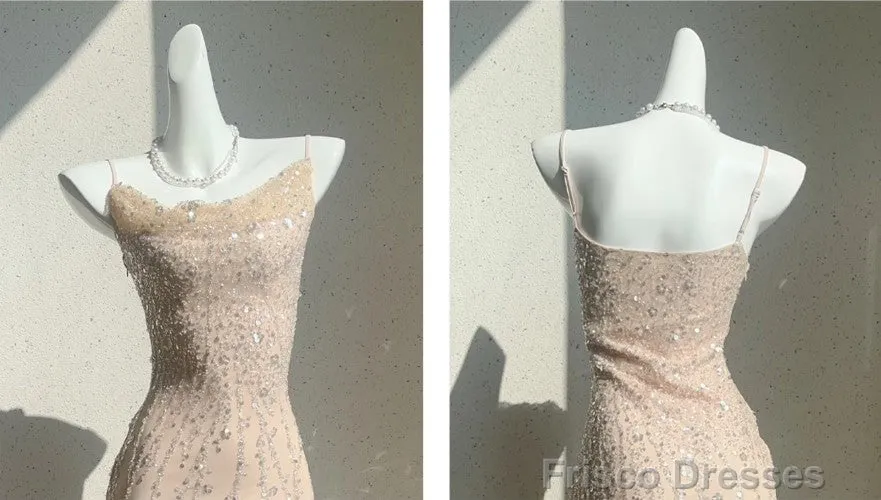 Flesh Pink Spaghetti Strap Mermaid Tulle Sequined Prom Dress Birthday Dress