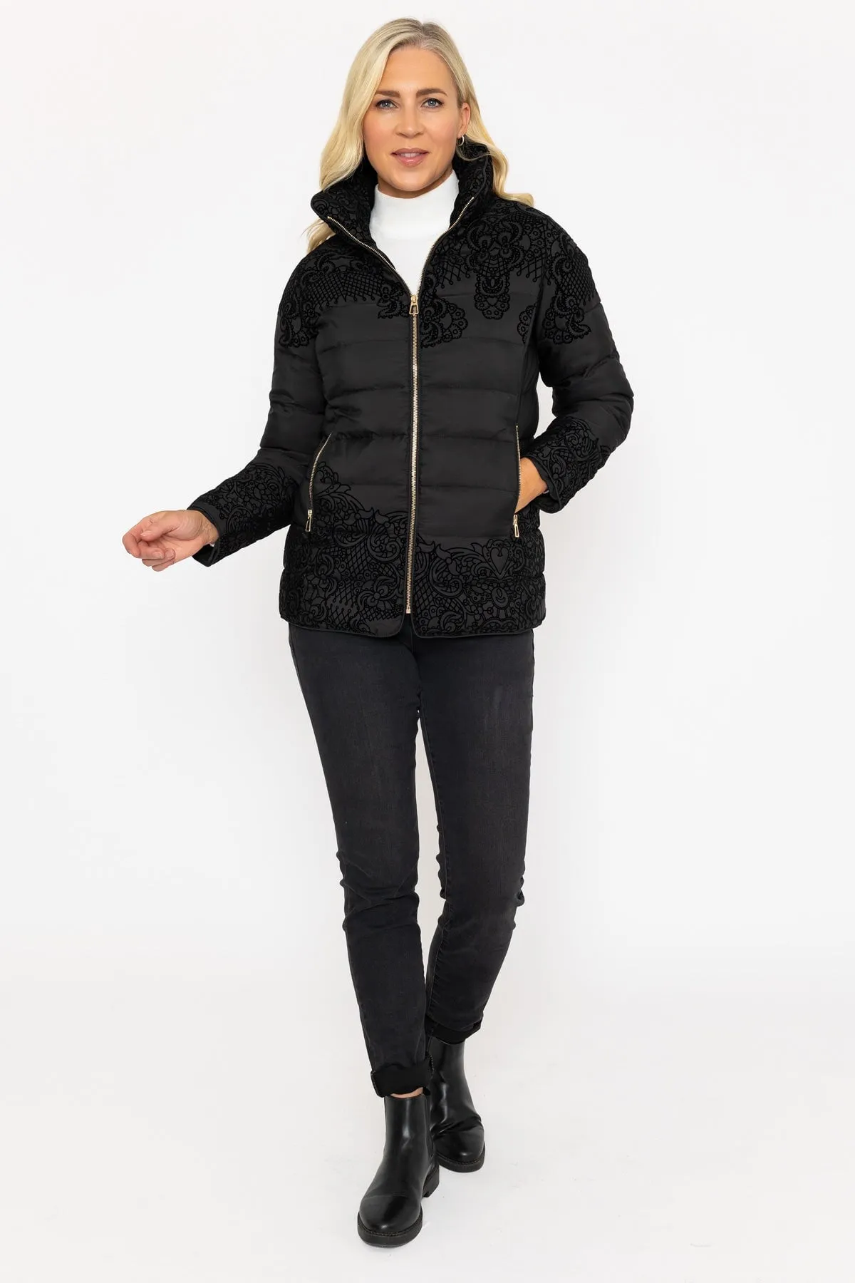 Flocked High Neck Jacket in Black
