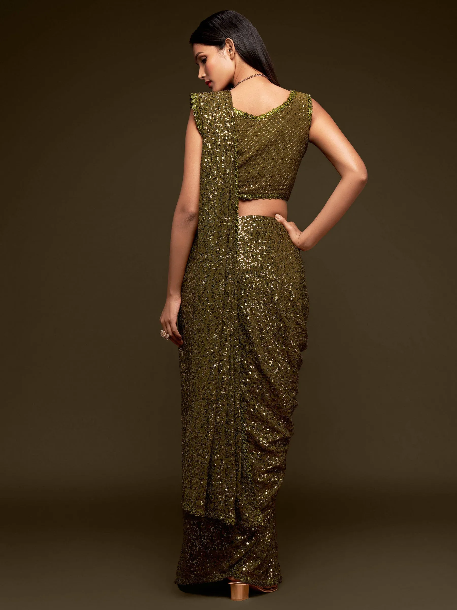 Fully Sequined Olive Green Georgette Designer Saree