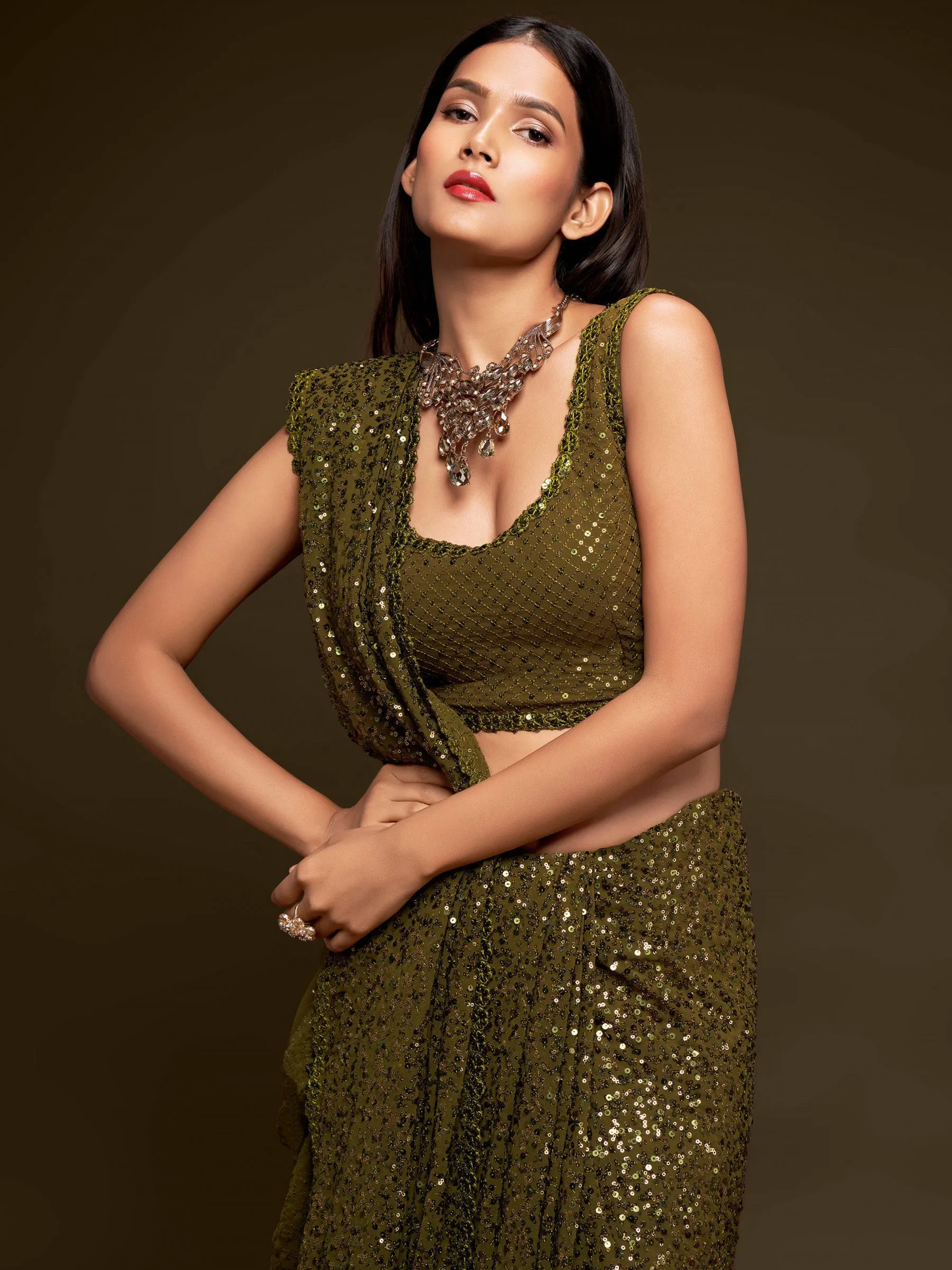 Fully Sequined Olive Green Georgette Designer Saree