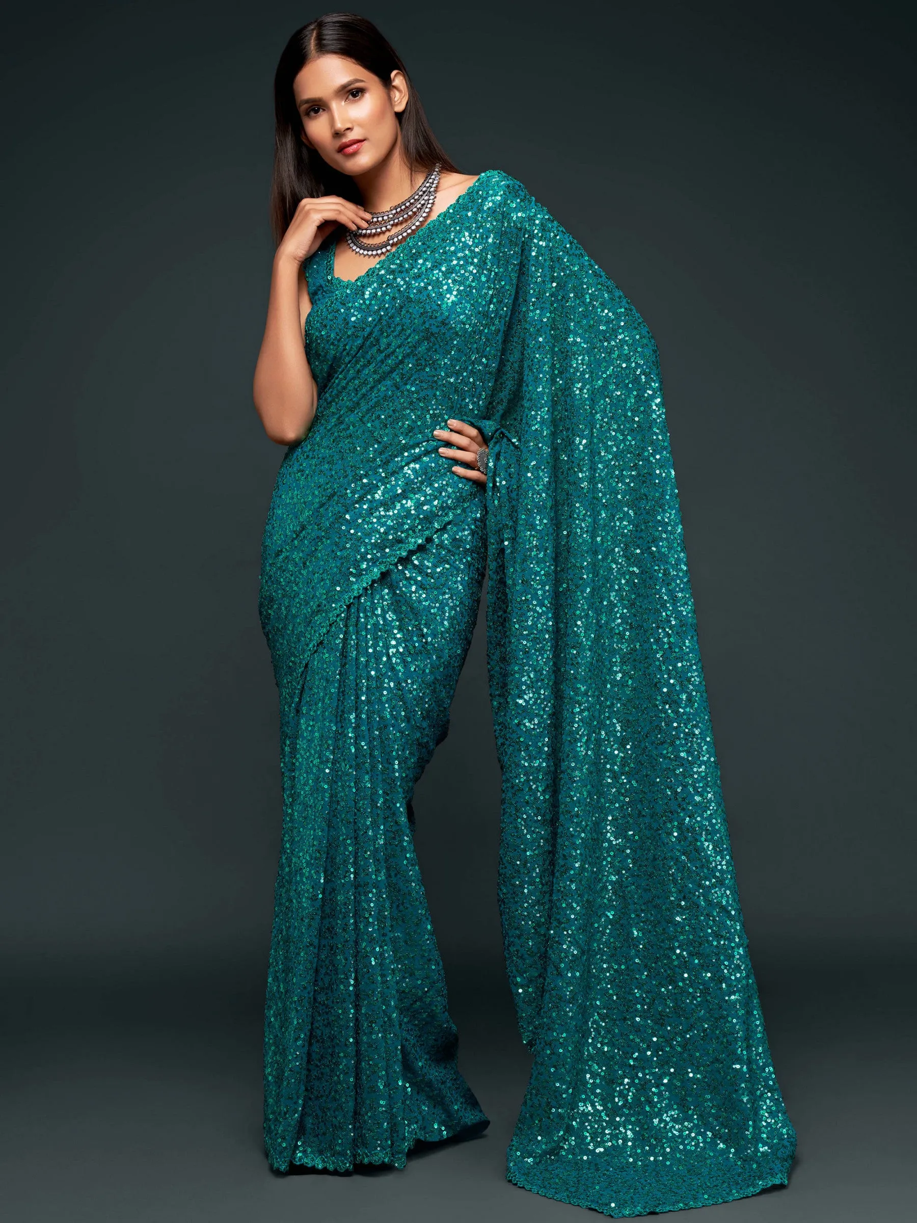 Fully Sequined Teal Blue Georgette Designer Saree