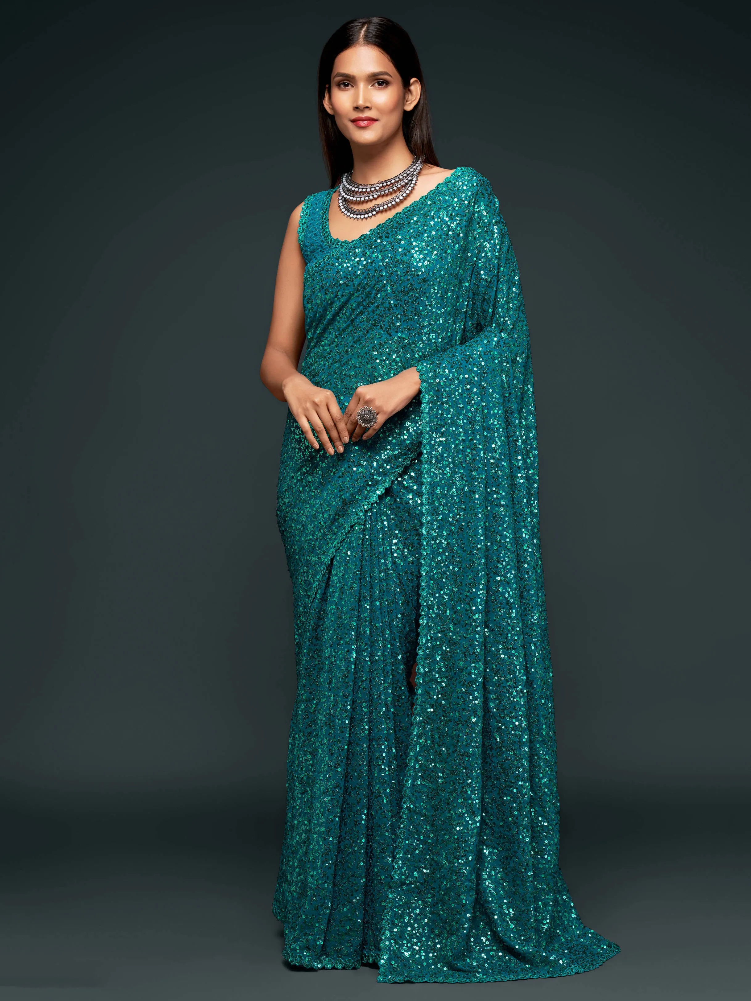 Fully Sequined Teal Blue Georgette Designer Saree