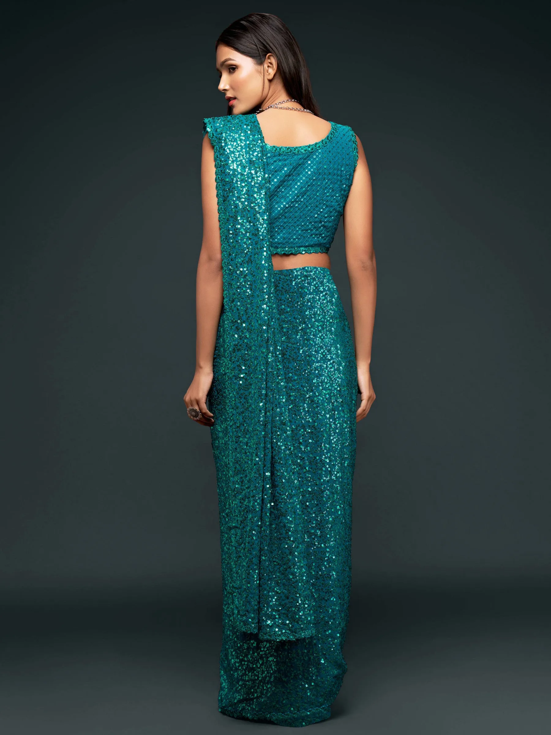 Fully Sequined Teal Blue Georgette Designer Saree