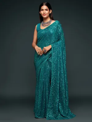 Fully Sequined Teal Blue Georgette Designer Saree