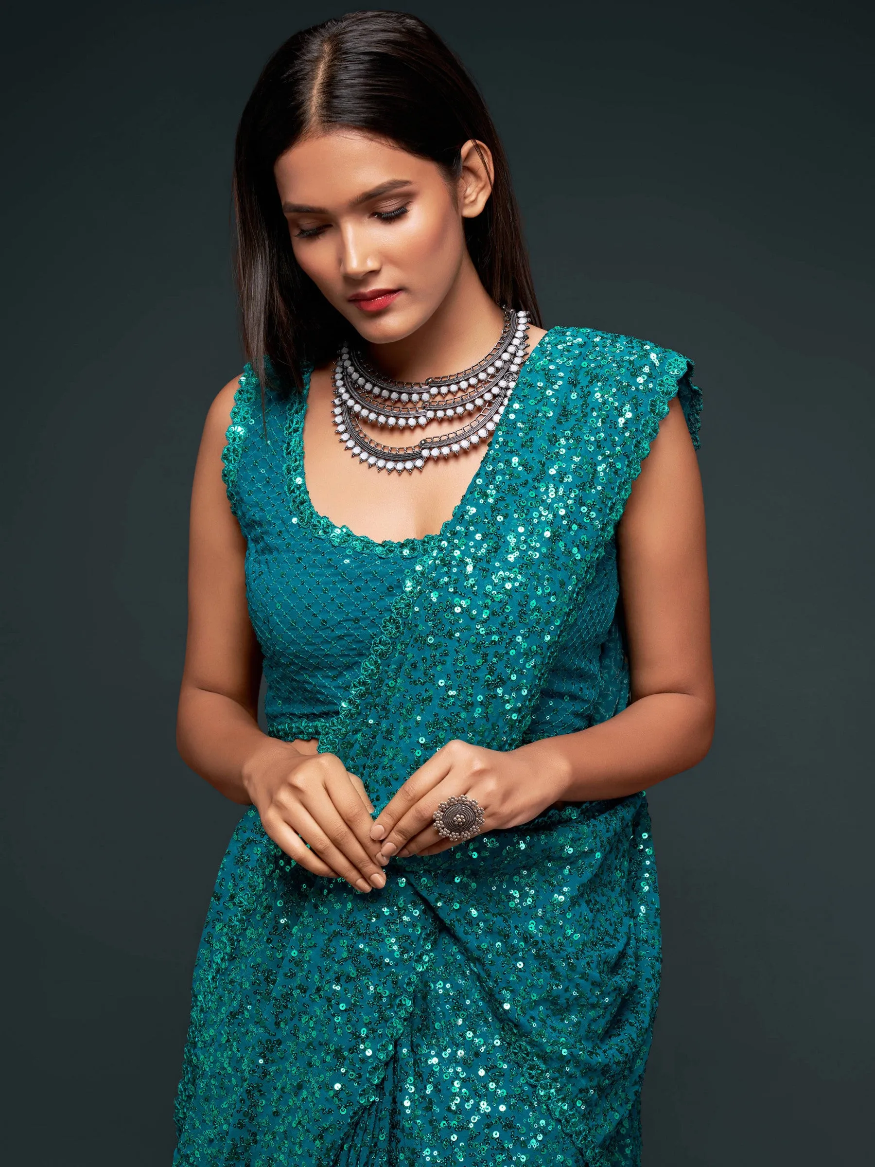 Fully Sequined Teal Blue Georgette Designer Saree