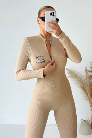 GeGe embroidered nude ribbed unitard