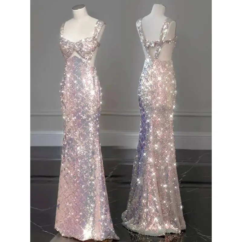 Girlary Colorful Sequin Pearl Fairy Party Prom Dress With Champagne Tulle Bow Hem Elegant Long Backless Sleeveless Evening Dresses