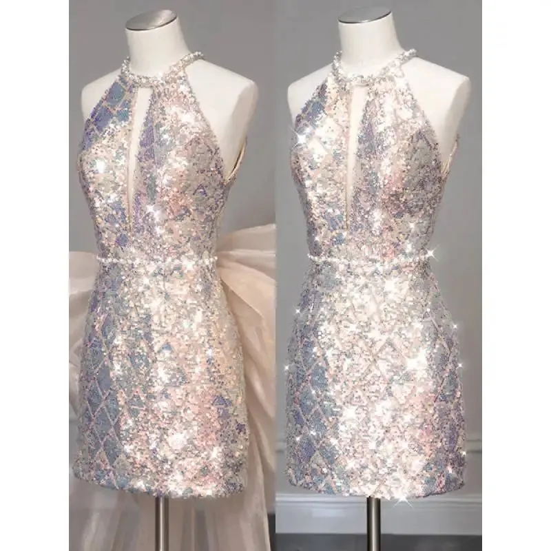 Girlary Colorful Sequin Pearl Fairy Party Prom Dress With Champagne Tulle Bow Hem Elegant Long Backless Sleeveless Evening Dresses