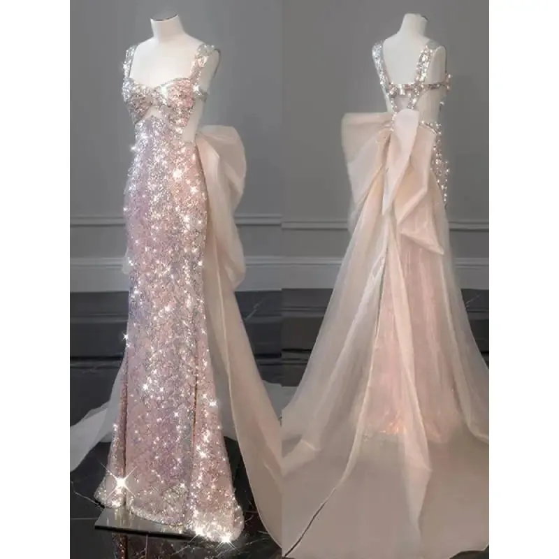 Girlary Colorful Sequin Pearl Fairy Party Prom Dress With Champagne Tulle Bow Hem Elegant Long Backless Sleeveless Evening Dresses