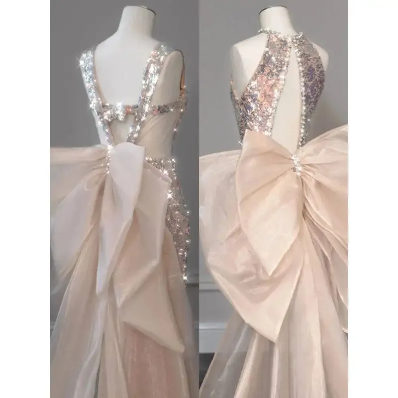 Girlary Colorful Sequin Pearl Fairy Party Prom Dress With Champagne Tulle Bow Hem Elegant Long Backless Sleeveless Evening Dresses