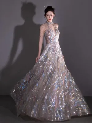 Girlary Fashion Women's Colorful Prom Gowns 2024 Halter Beading Sleeve Sequin  Floor Length Evening Dress Elegant Female Party Vestidos
