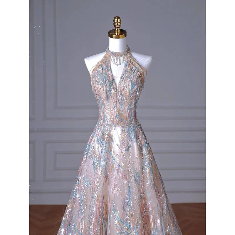 Girlary Fashion Women's Colorful Prom Gowns 2024 Halter Beading Sleeve Sequin  Floor Length Evening Dress Elegant Female Party Vestidos