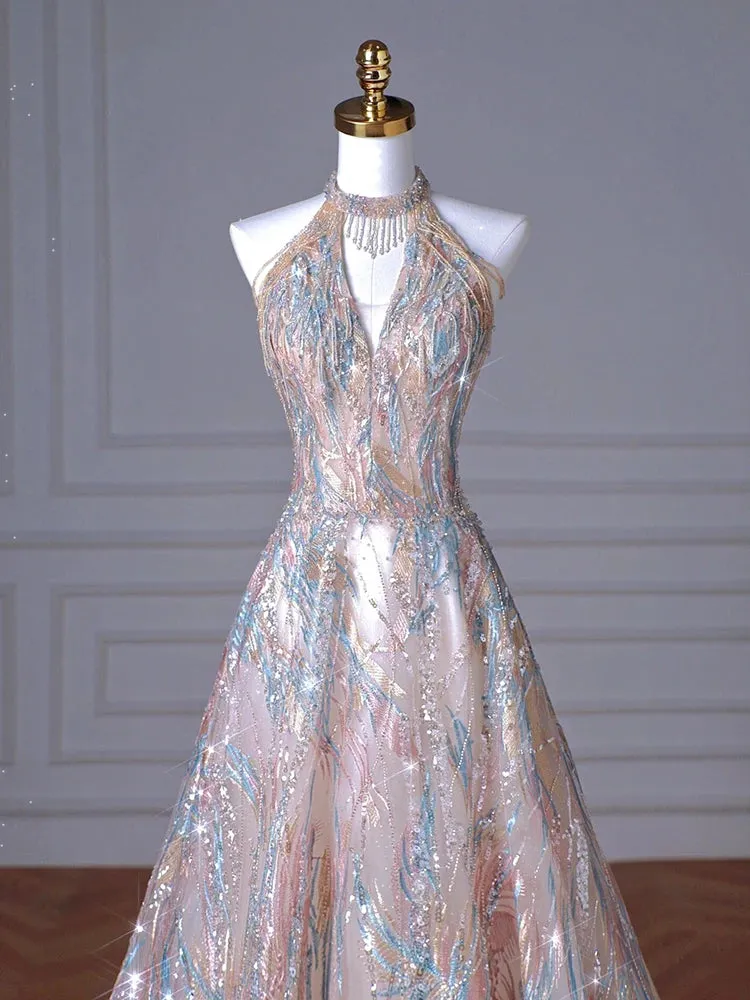 Girlary Fashion Women's Colorful Prom Gowns 2024 Halter Beading Sleeve Sequin  Floor Length Evening Dress Elegant Female Party Vestidos