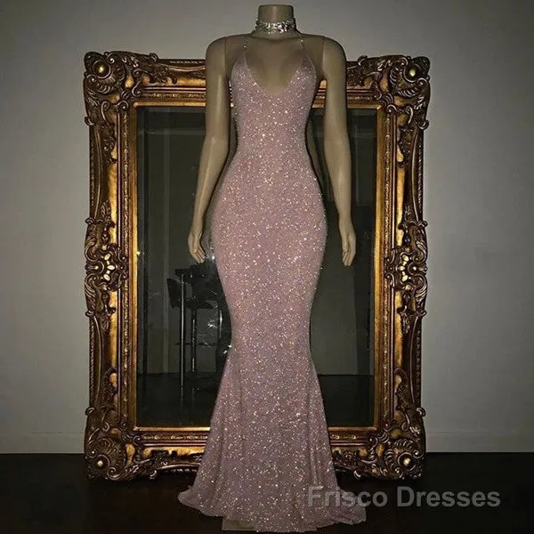 Gorgeous Sequined Mermaid Spaghetti-strap Long Sleevesless Prom Party Gowns