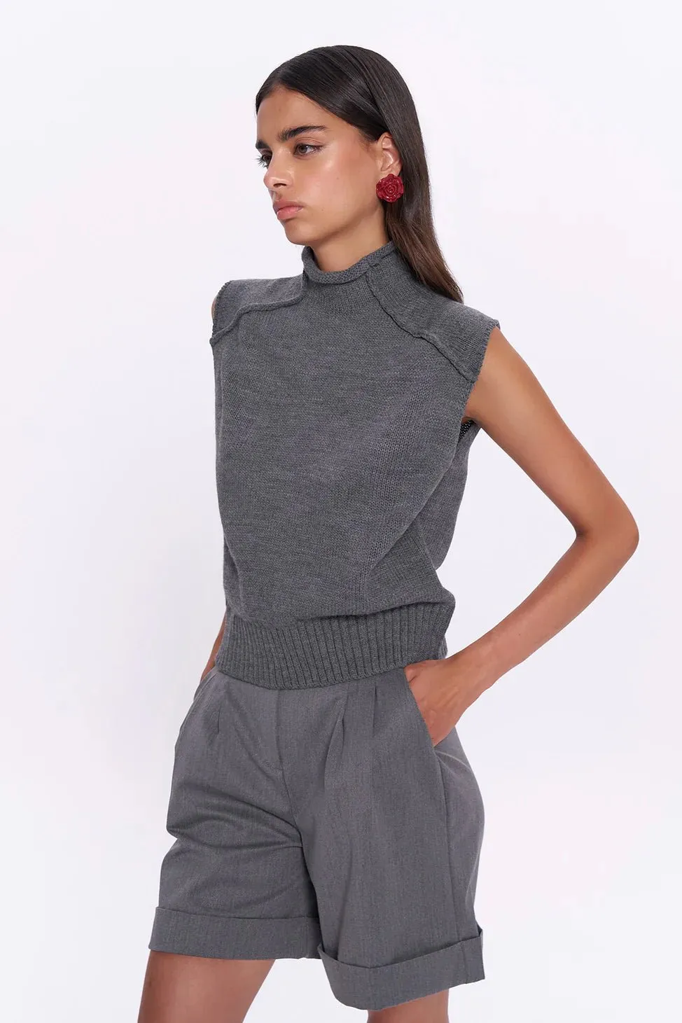 Gray Reverse Sewing Detailed Knitted Sweater