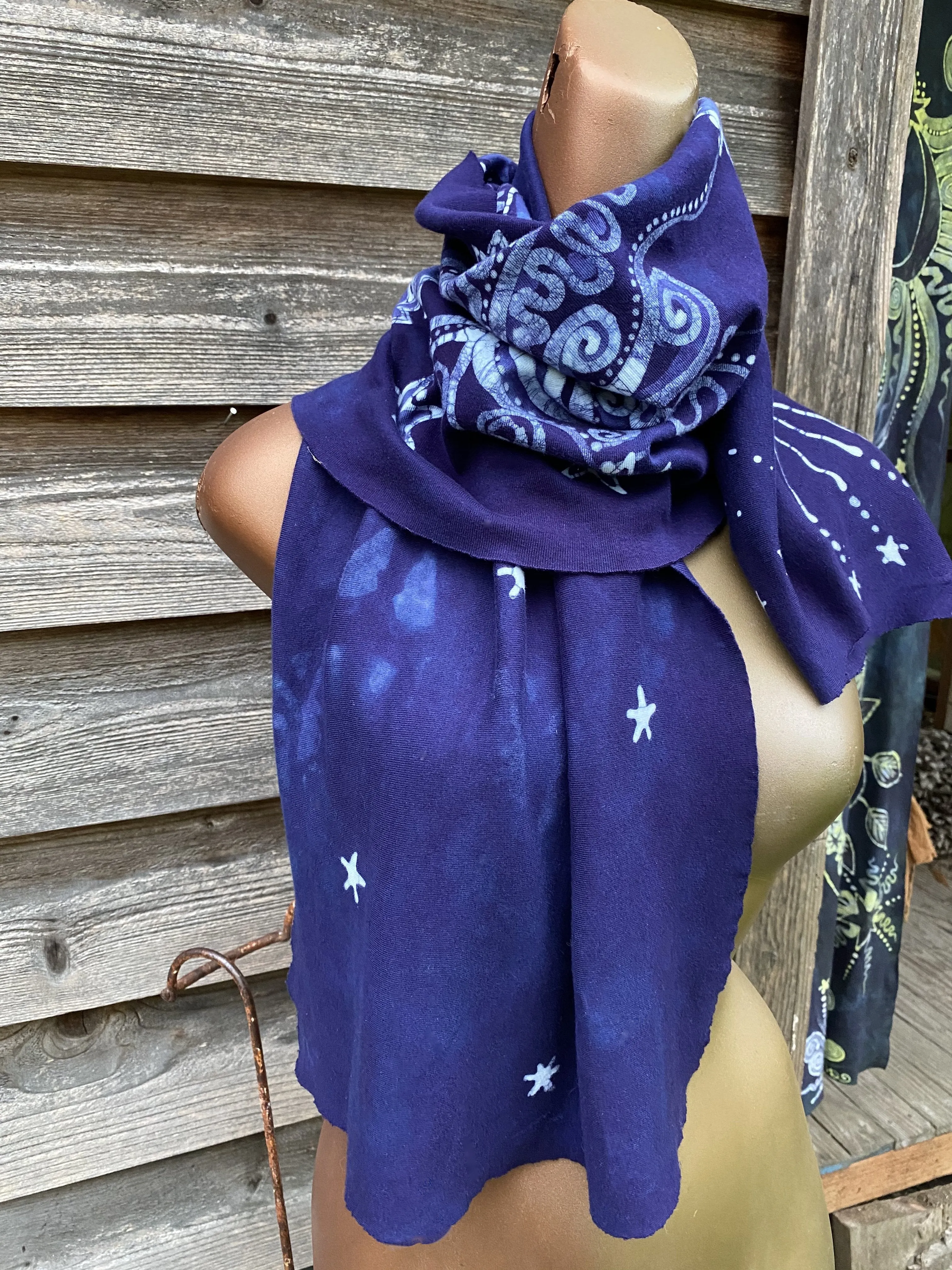 Guided By Stars Navy Blue Night  - Hand Painted Organic Knit Fabric Scarf