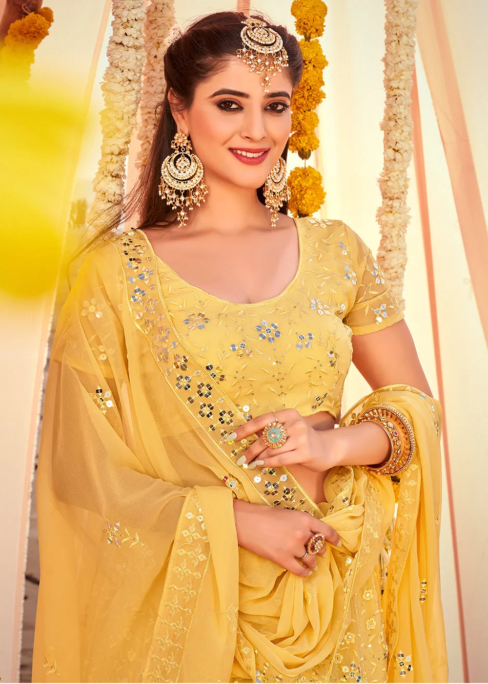 Haldi Yellow Sequined Wedding Function Wear Lehenga Choli